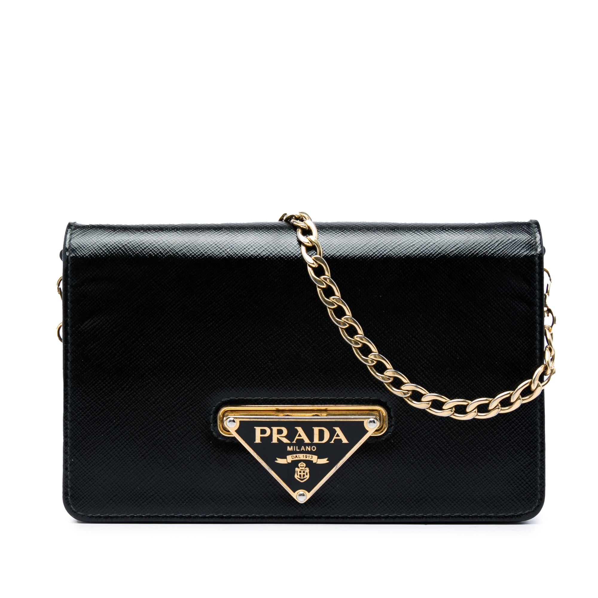 Prada Saffiano Vernice Flip Lock Wallet on Chain Clutch