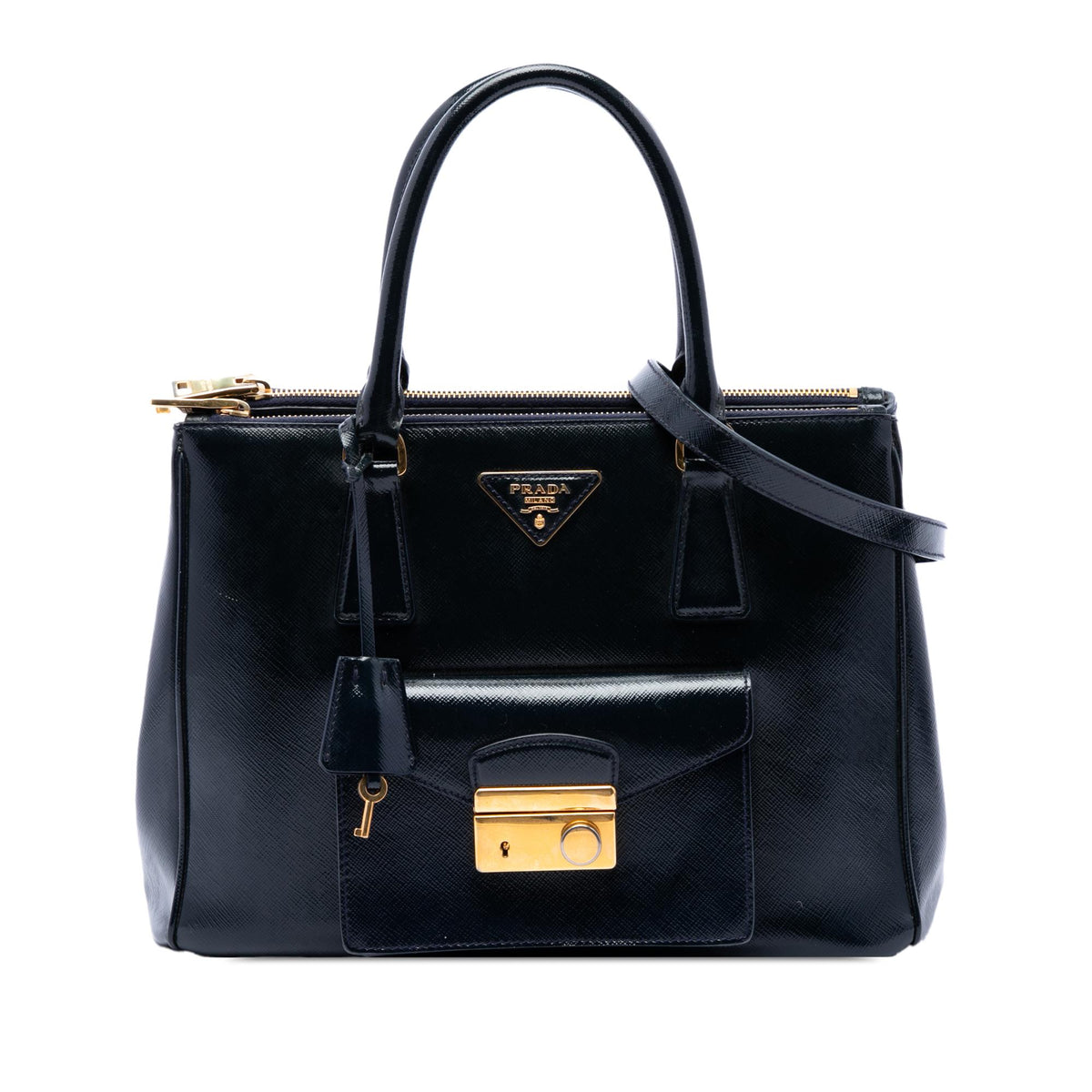 Prada Saffiano Vernice Galleria Double Zip Front Pocket Satchel