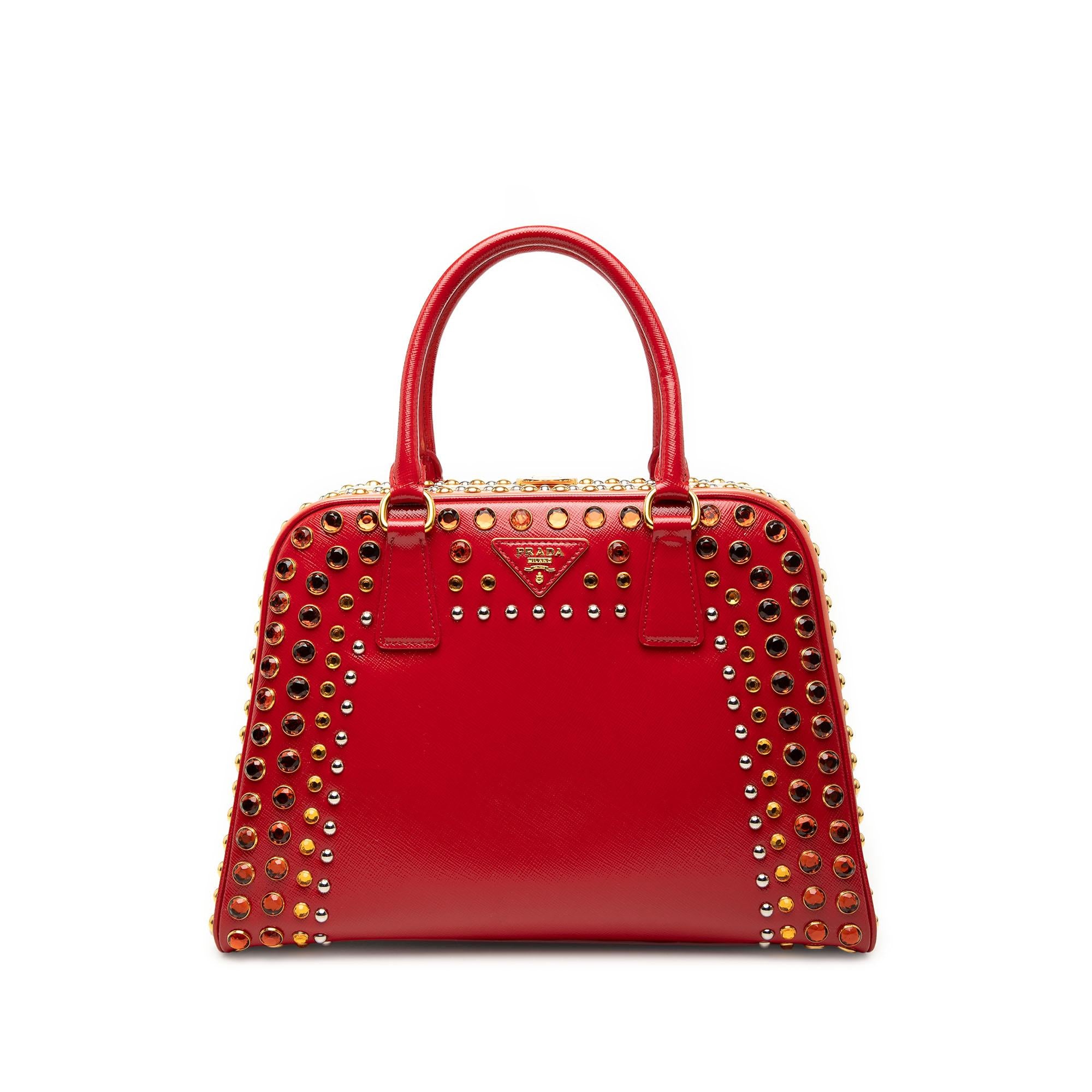 Prada Saffiano Vernice Pyramid Studded Frame Bag