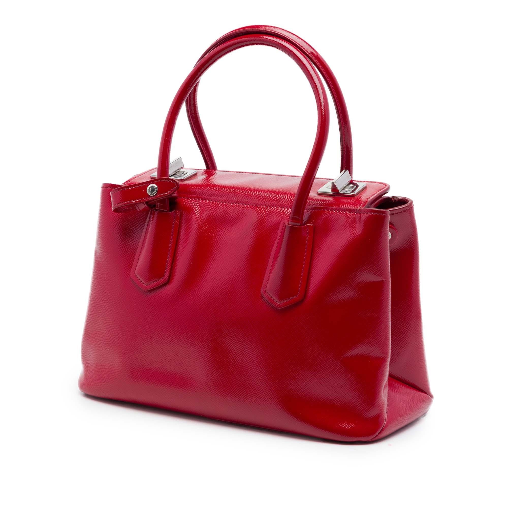 Prada Small Saffiano Vernice Turnlock Twin Satchel