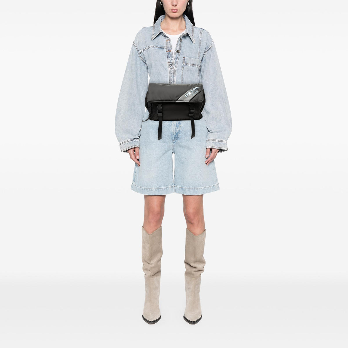 Prada Soft Calf Trimmed Tessuto Double Buckle Belt Bag