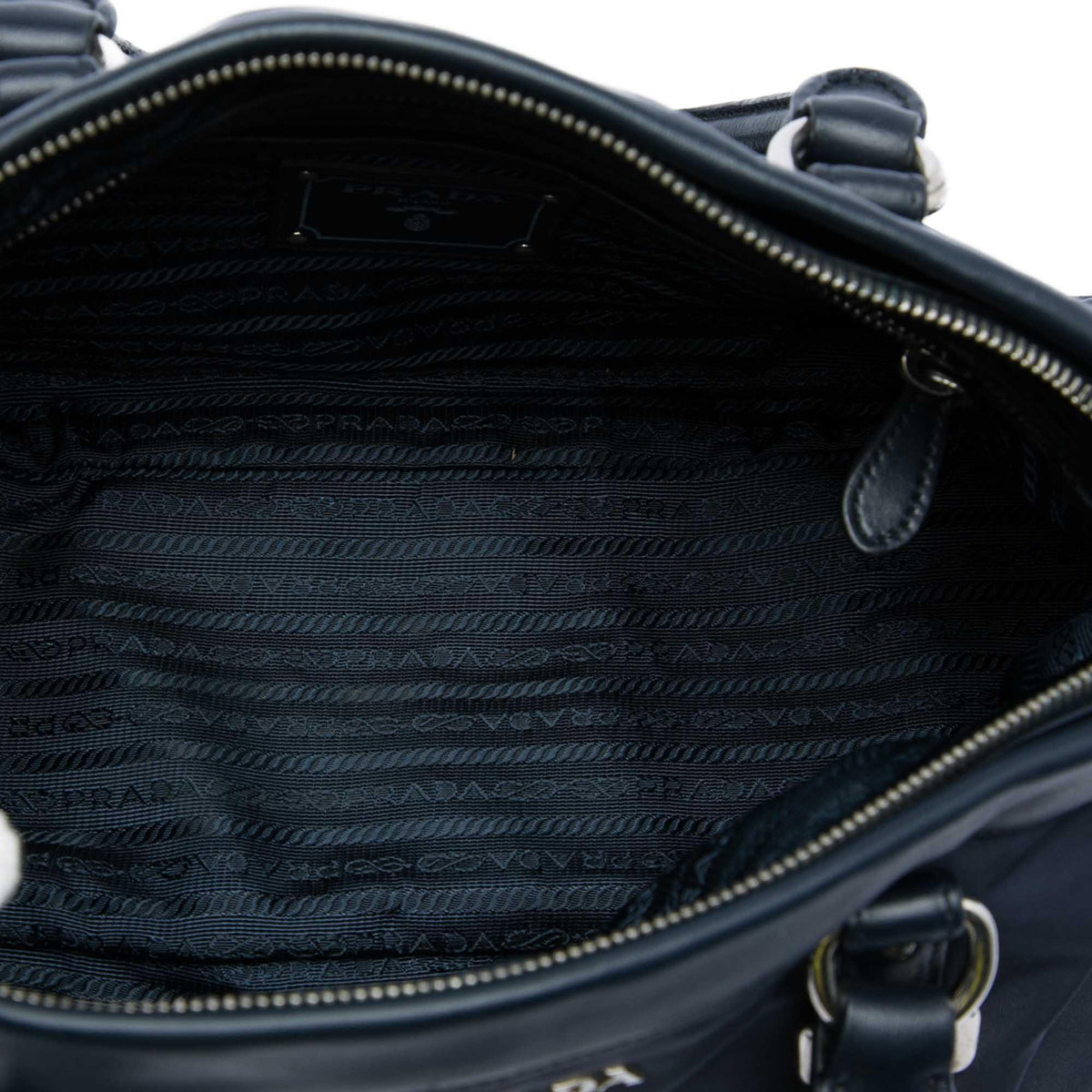 Prada Soft Calf Trimmed Tessuto Zip Top Satchel