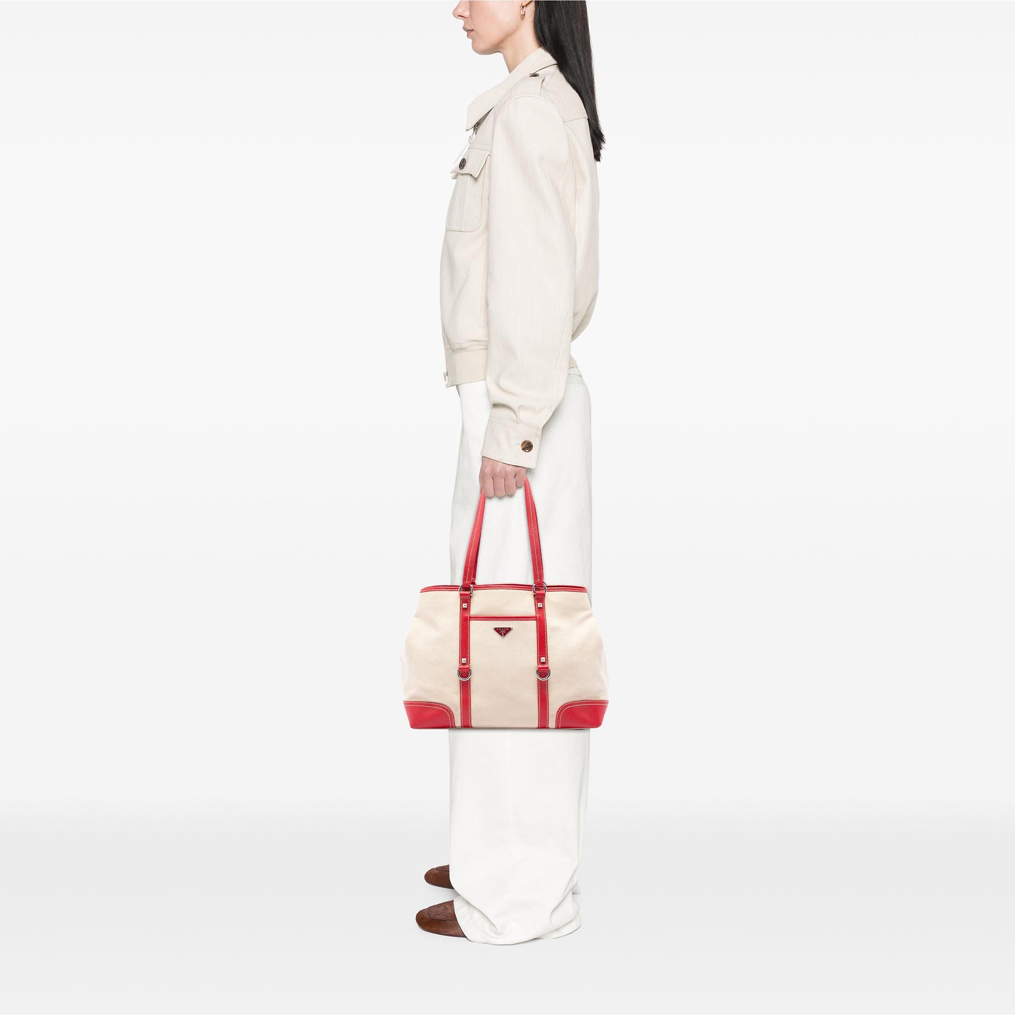 Prada Studded Leather Trimmed Canvas Front Pocket Tote