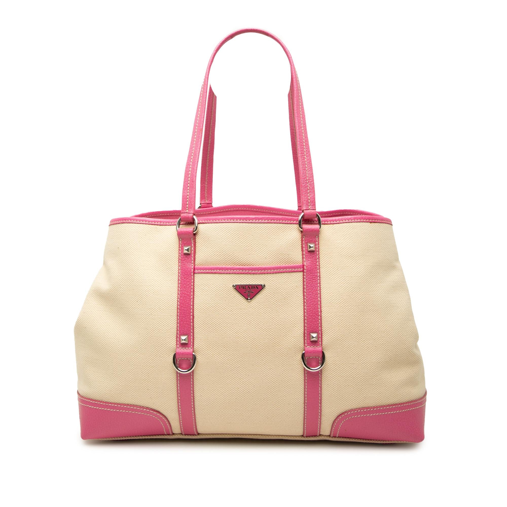 Prada Studded Leather Trimmed Canvas Front Pocket Tote