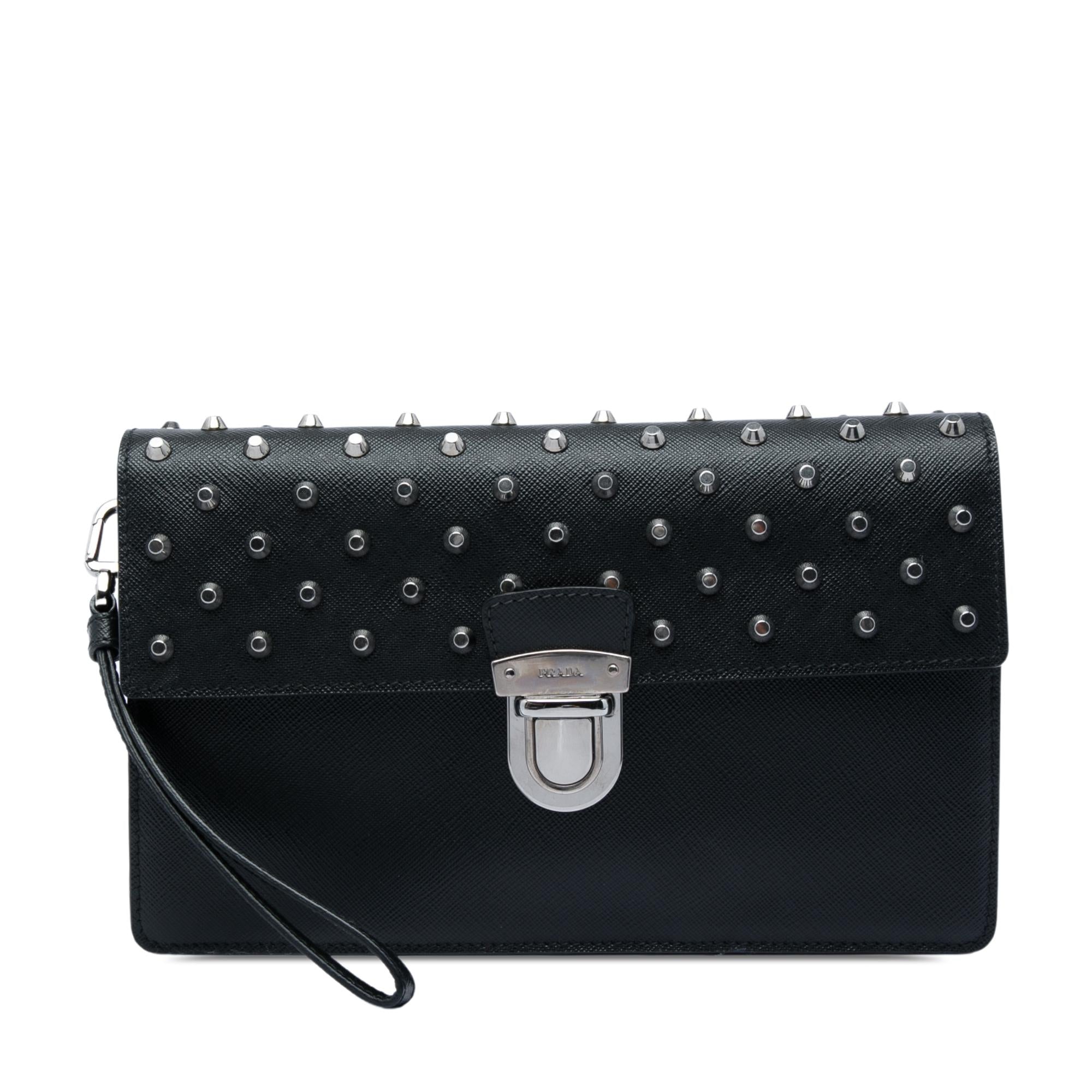 Prada Studded Saffiano Push Lock Wristlet Clutch