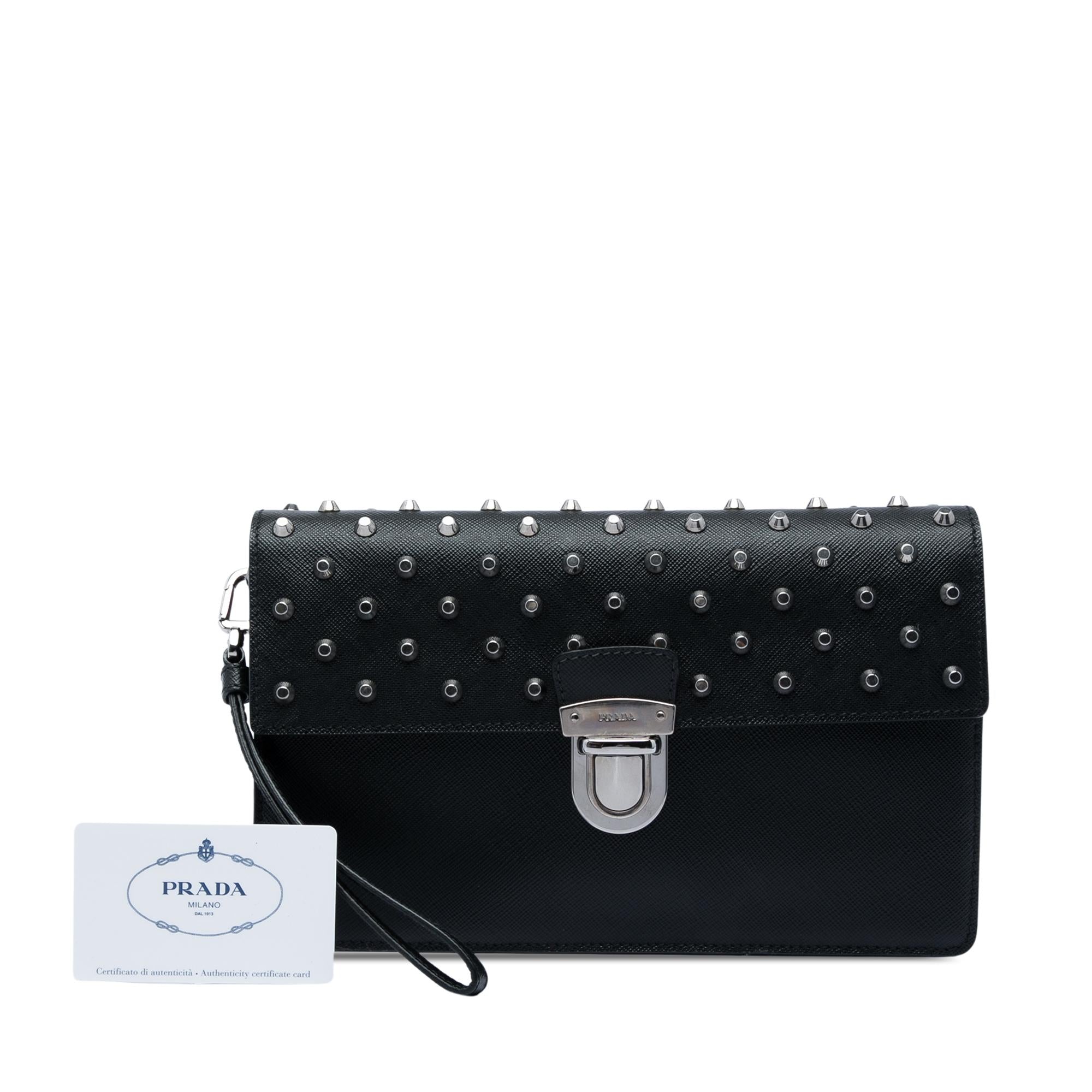 Prada Studded Saffiano Push Lock Wristlet Clutch