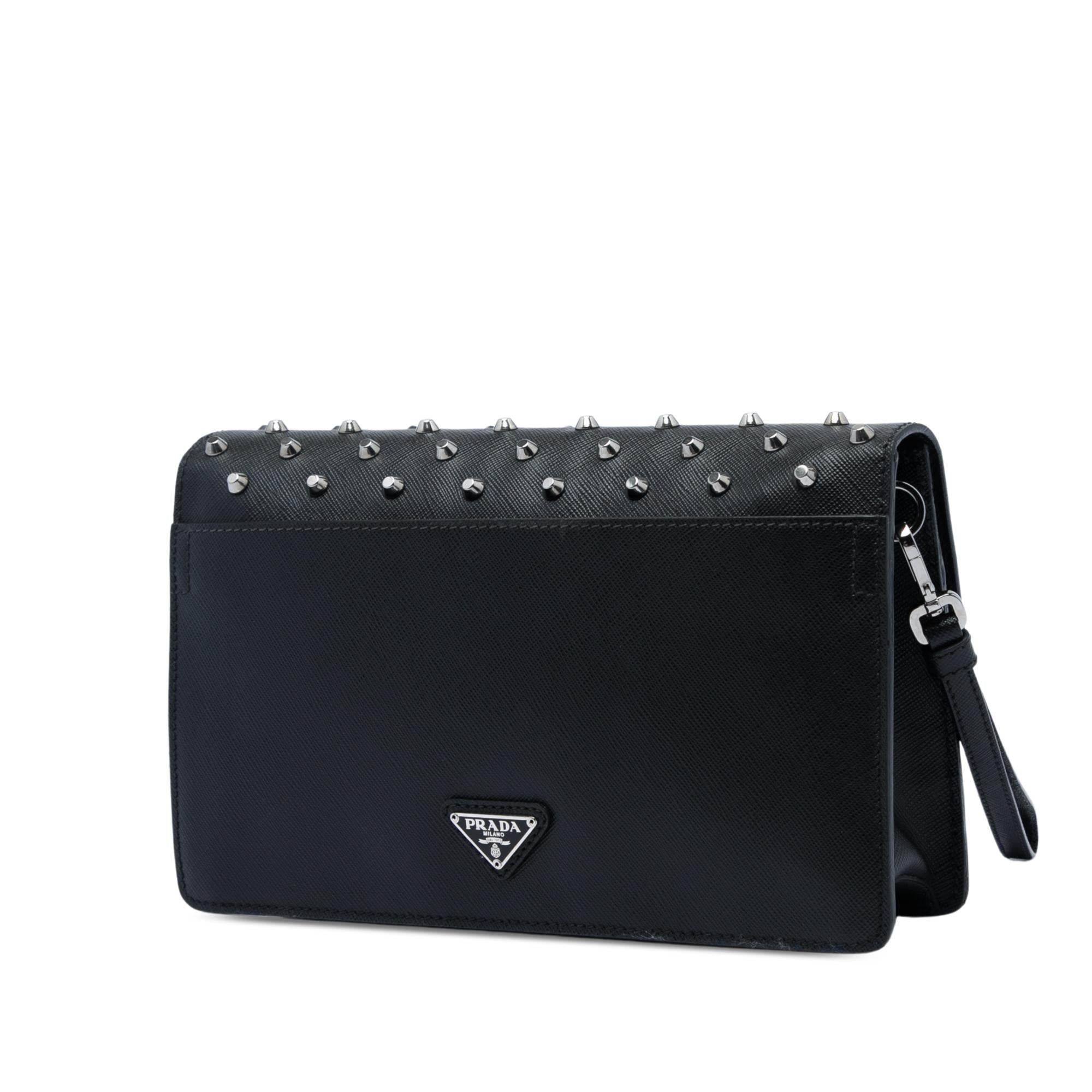 Prada Studded Saffiano Push Lock Wristlet Clutch