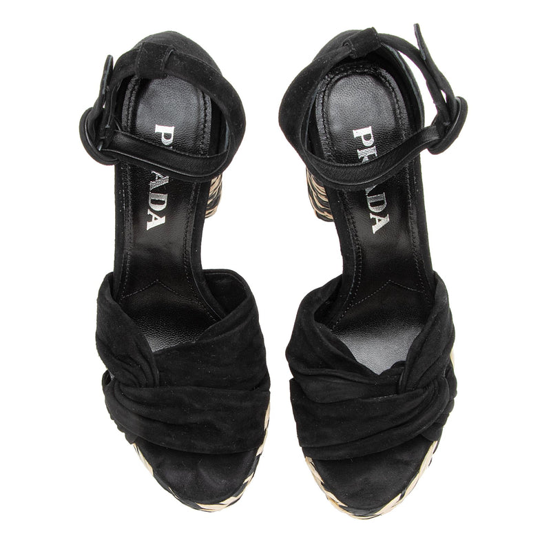 Prada suede and on sale raffia platform sandals