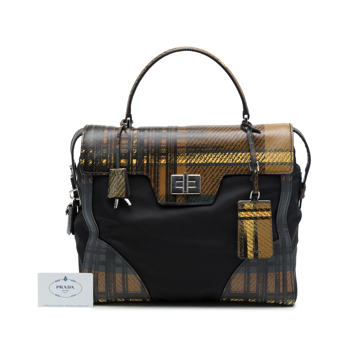 Prada Tartan Saffiano Trimmed Tessuto Satchel