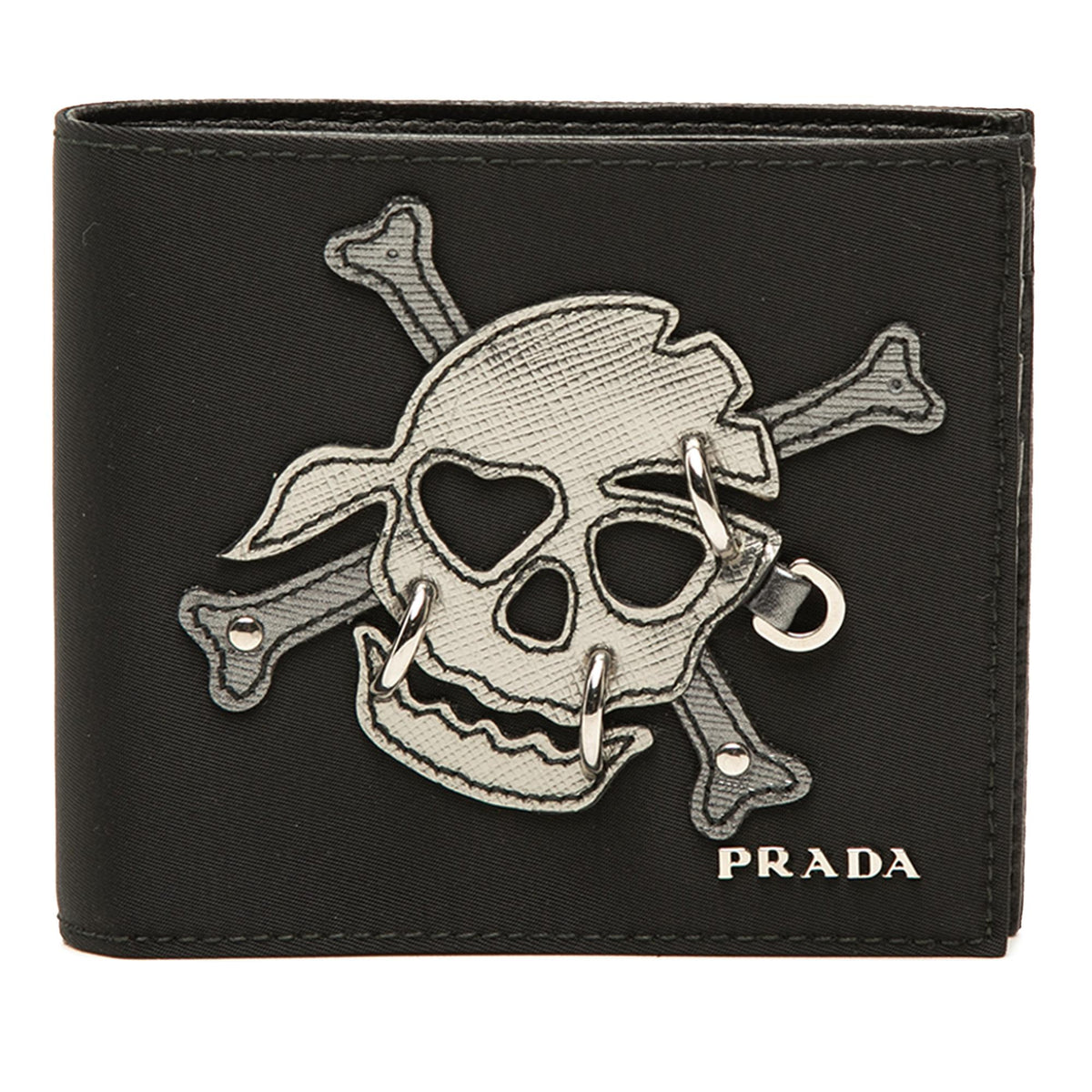 Prada Tessuto Patchwork Skull Pierced Bifold Wallet