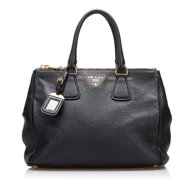 PRADA Vitello Daino Pebbled Leather Tote Bag Black