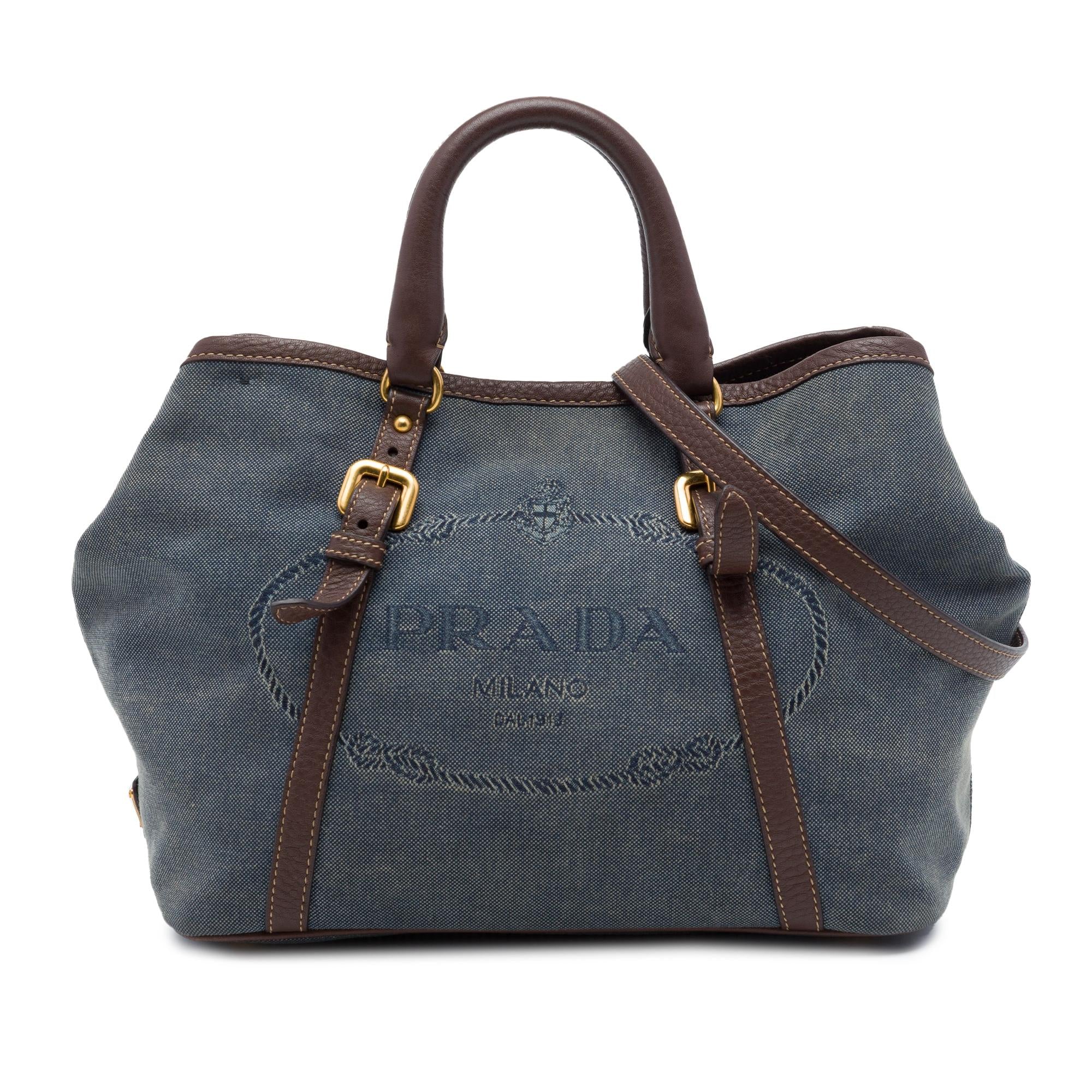 Prada Vitello Daino Trimmed Canvas Canapa Logo Satchel