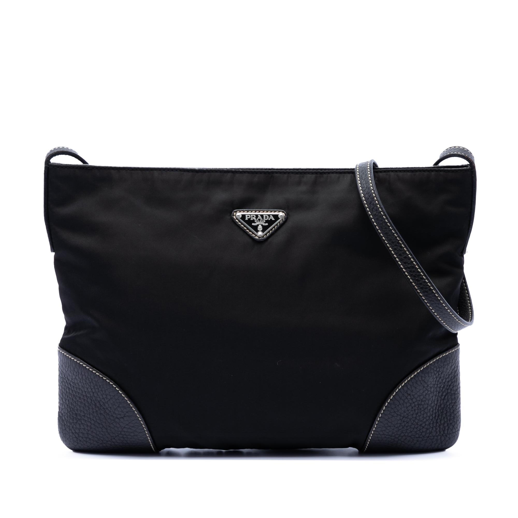 Prada Vitello Daino Trimmed Tessuto Zip Top Crossbody