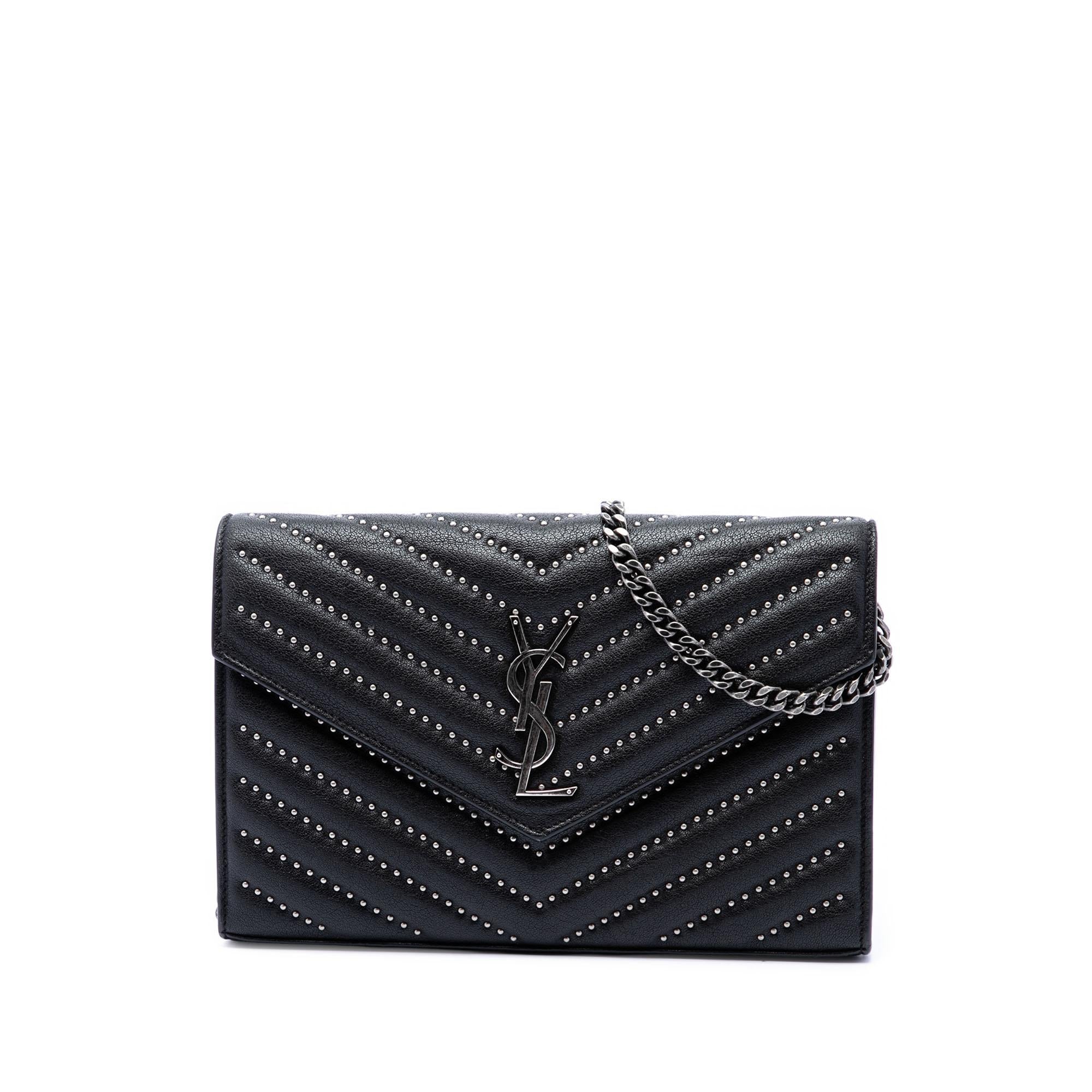 Saint Laurent Chevron Studded Sheepskin Monogram Envelope Chain Wallet