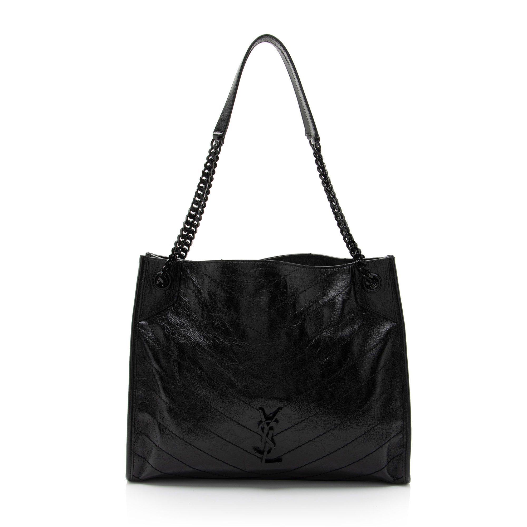 Saint Laurent Crinkled Calfskin Monogram Niki Medium Shopping Tote (SHF-RaBy7S)