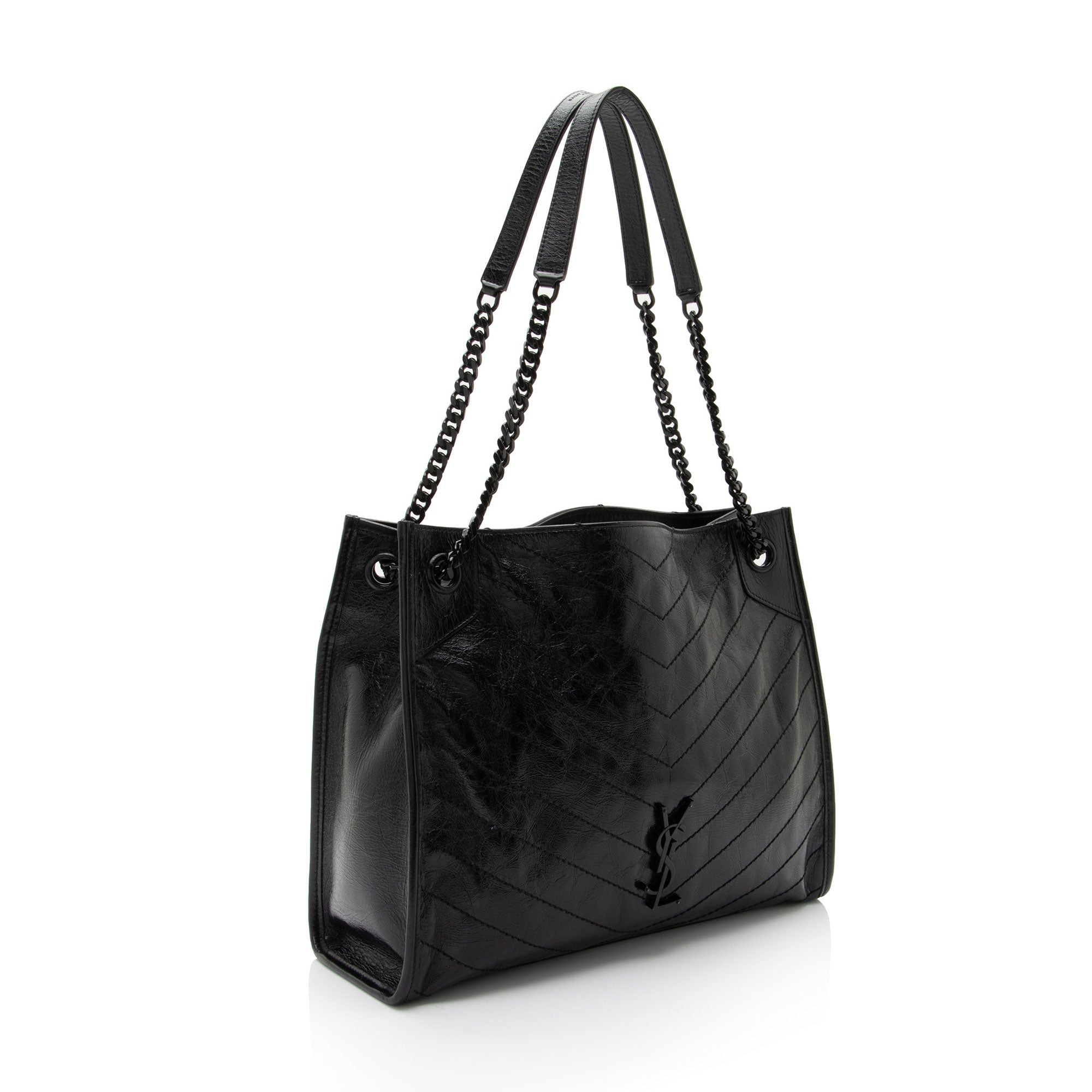 Saint Laurent Crinkled Calfskin Monogram Niki Medium Shopping Tote (SHF-RaBy7S)
