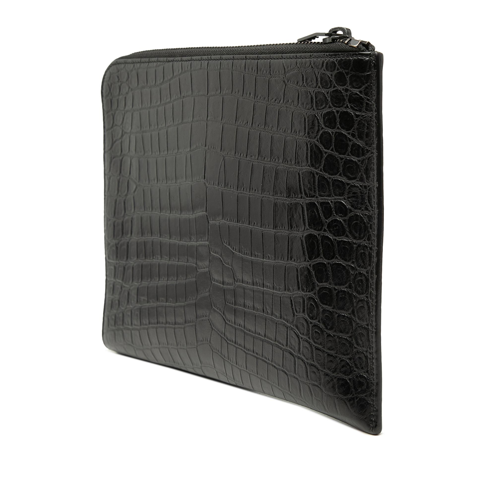 Saint Laurent Croc Embossed Leather Clutch