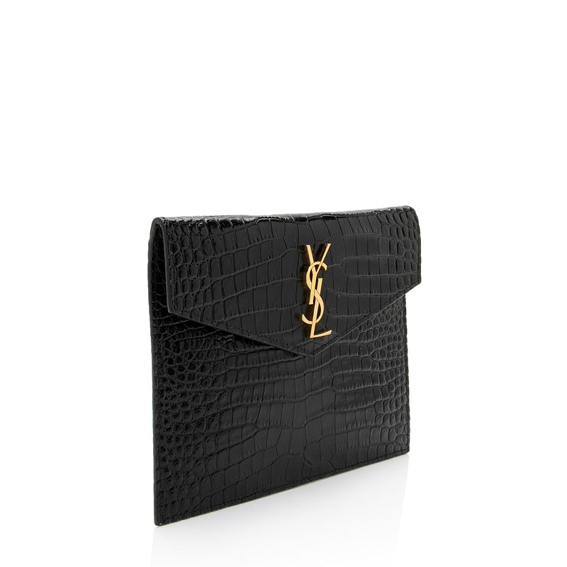 Saint Laurent Uptown Leather Clutch - Black Croc/Gold