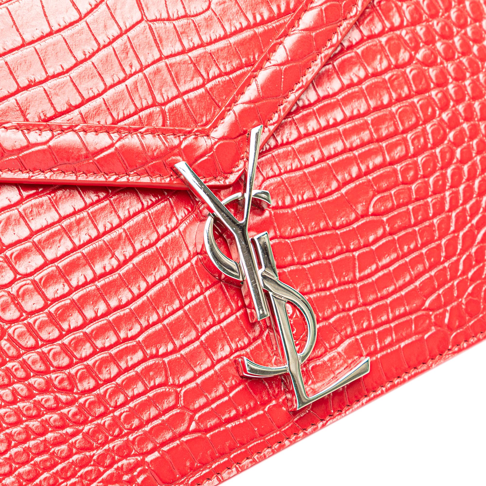Saint Laurent Croc Embossed Leather Monogram Cassandra Clasp Bag