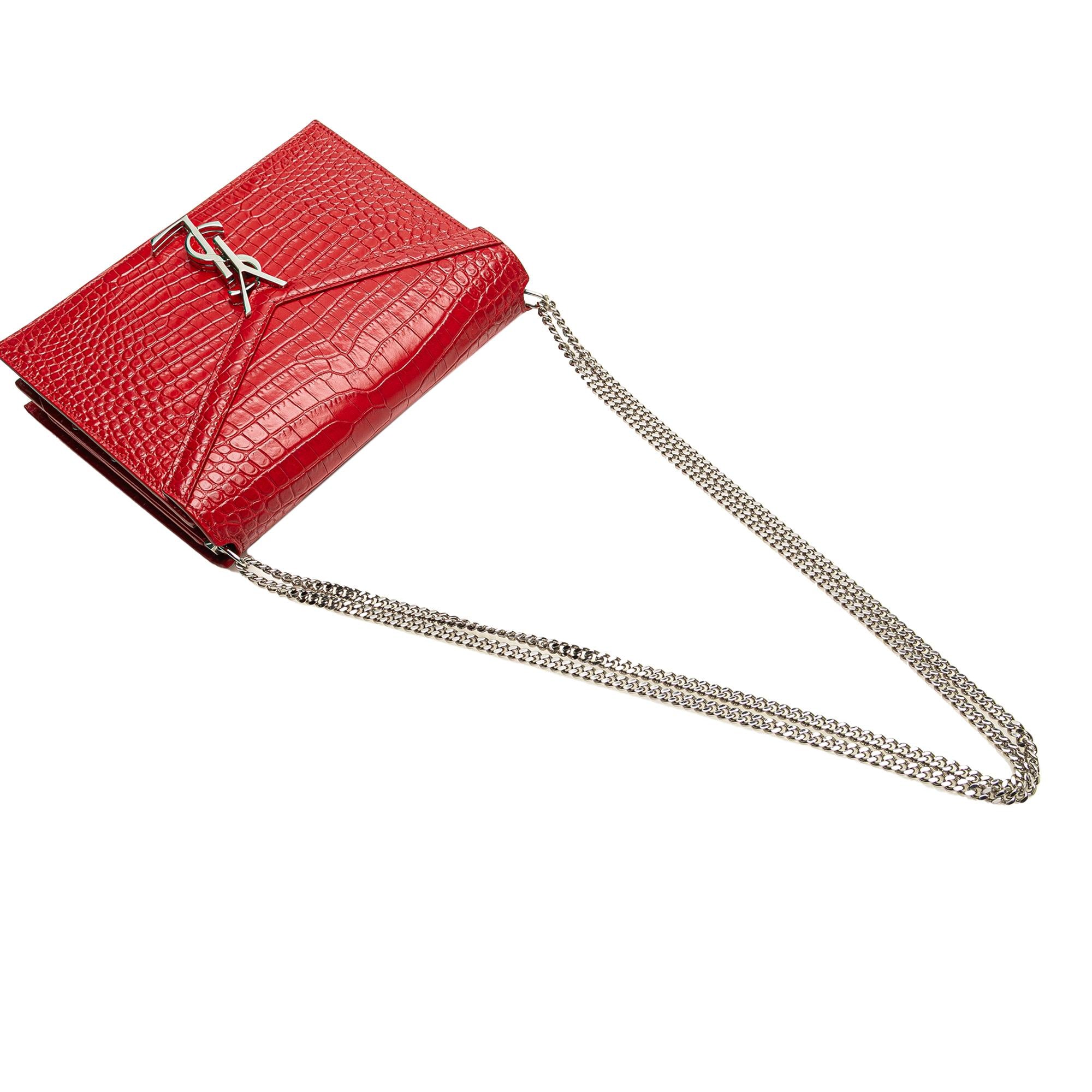 Saint Laurent Croc Embossed Leather Monogram Cassandra Clasp Bag