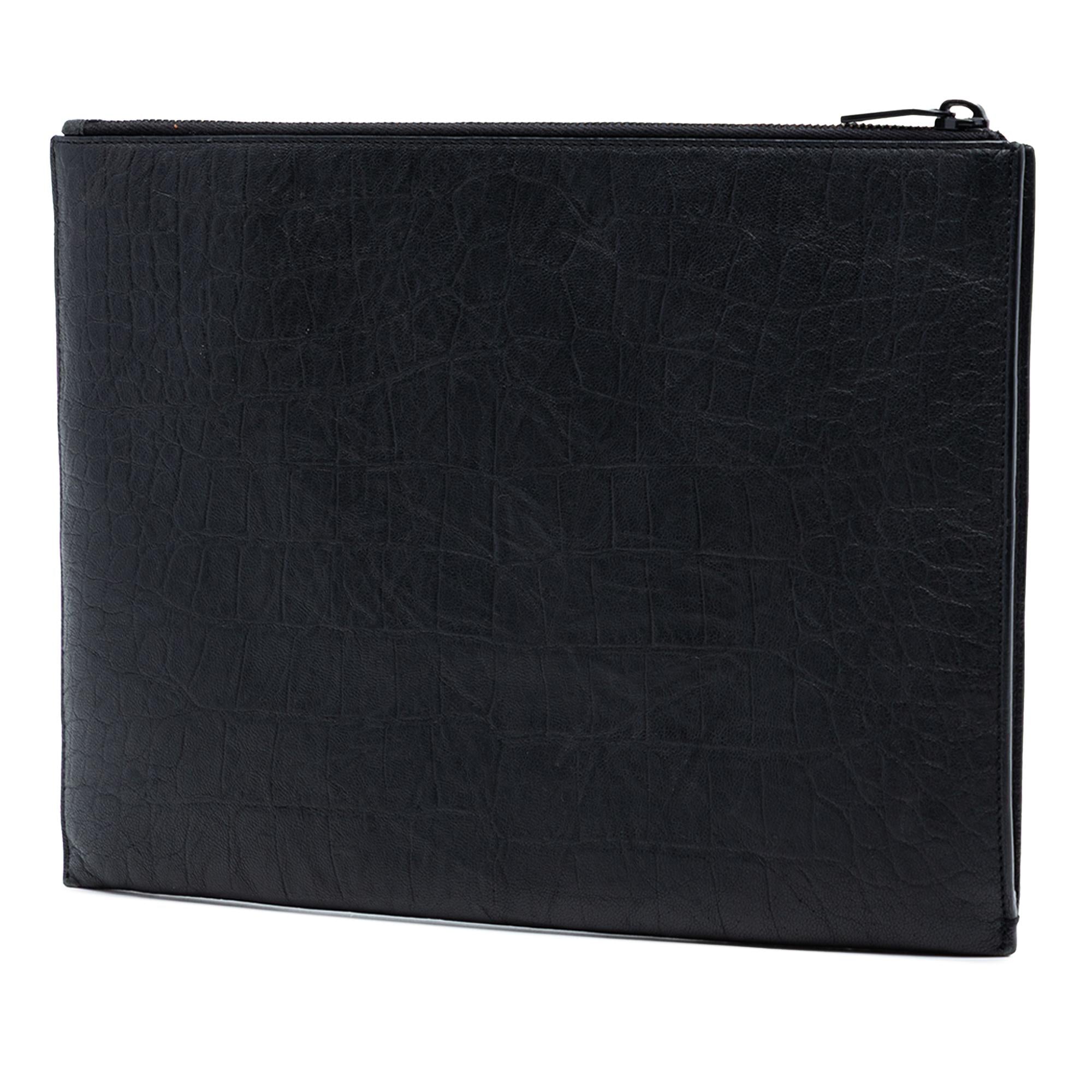 Saint Laurent Croc Embossed Leather Monogram Clutch