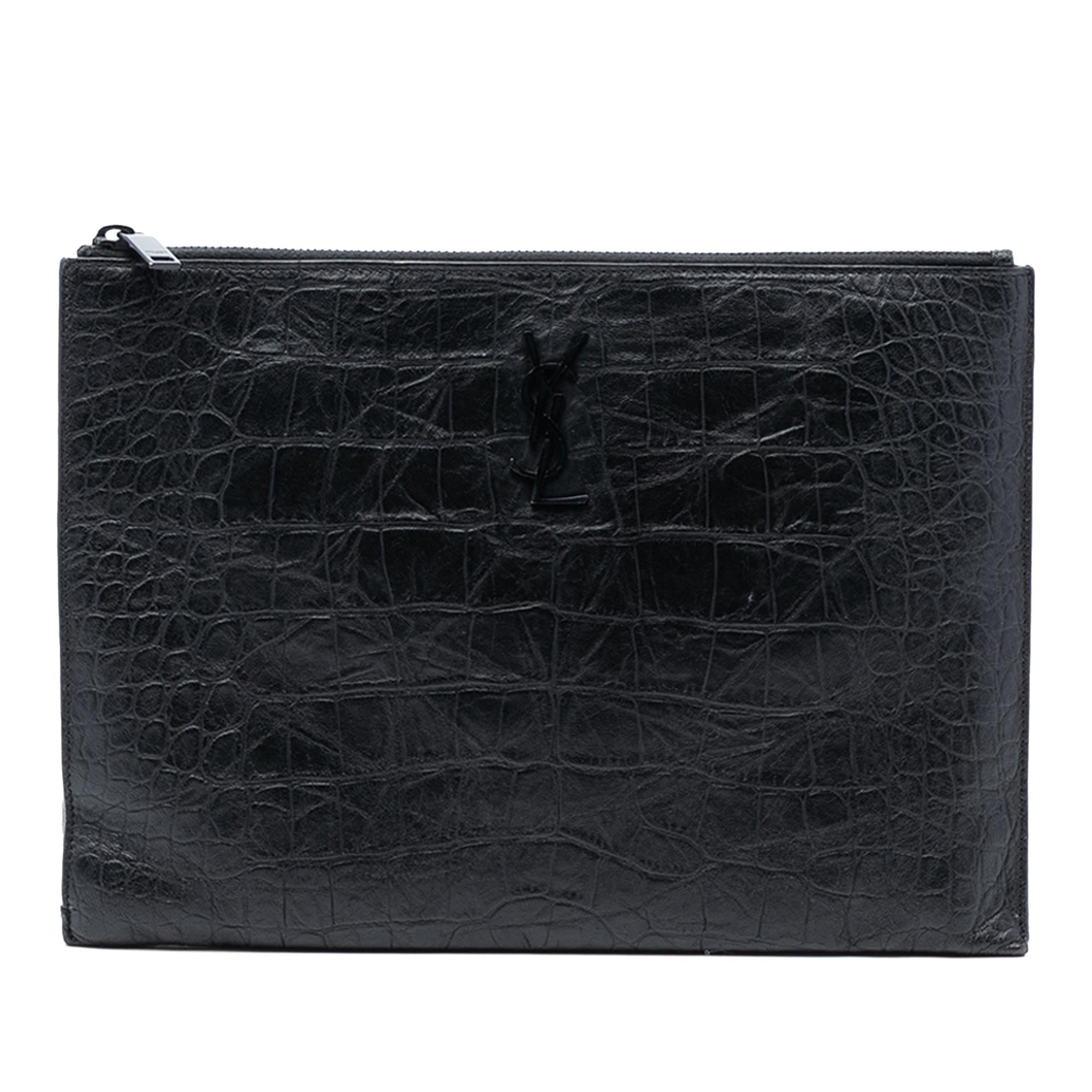 Saint Laurent Croc Embossed Leather Monogram Document Holder