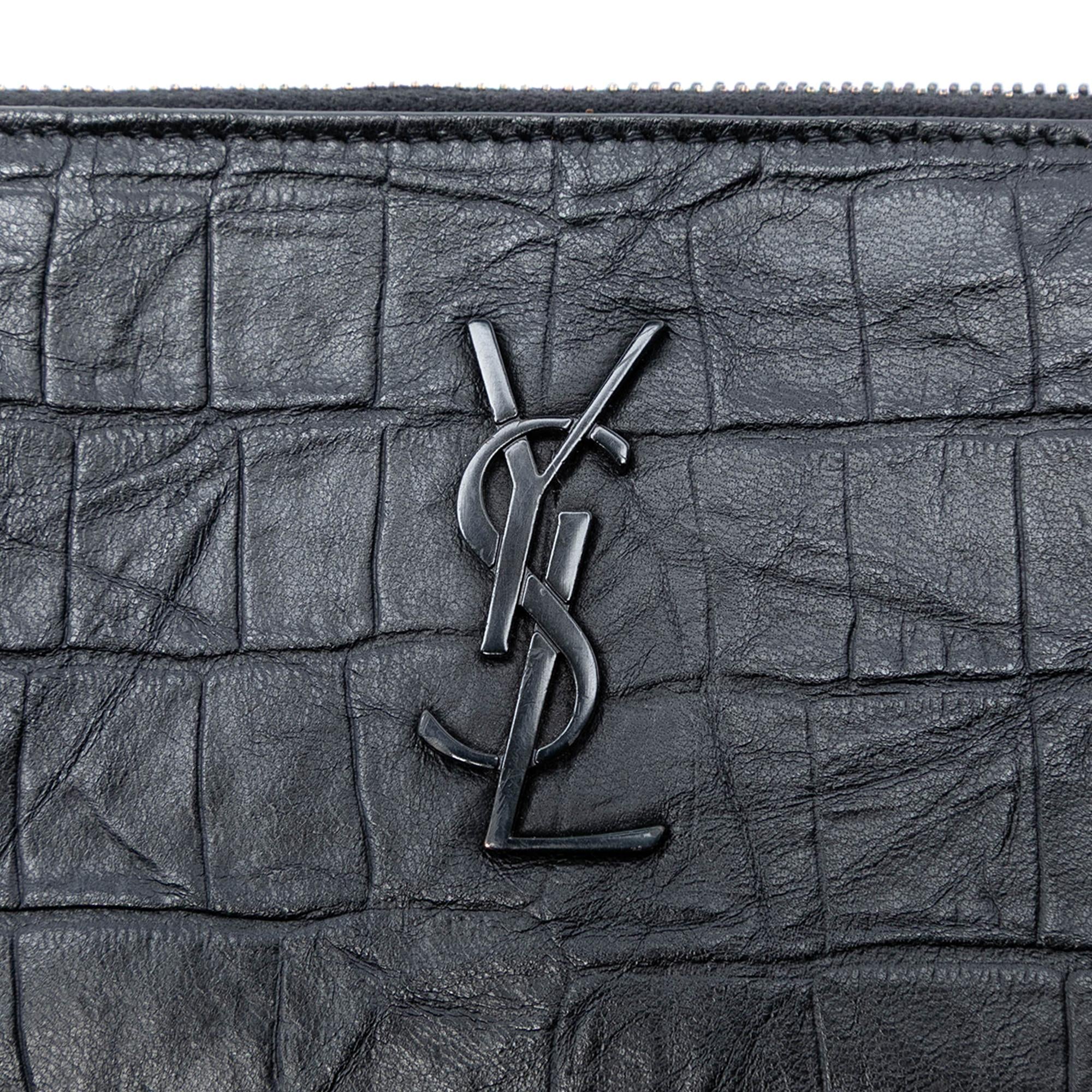 Saint Laurent Croc Embossed Leather Monogram Document Holder