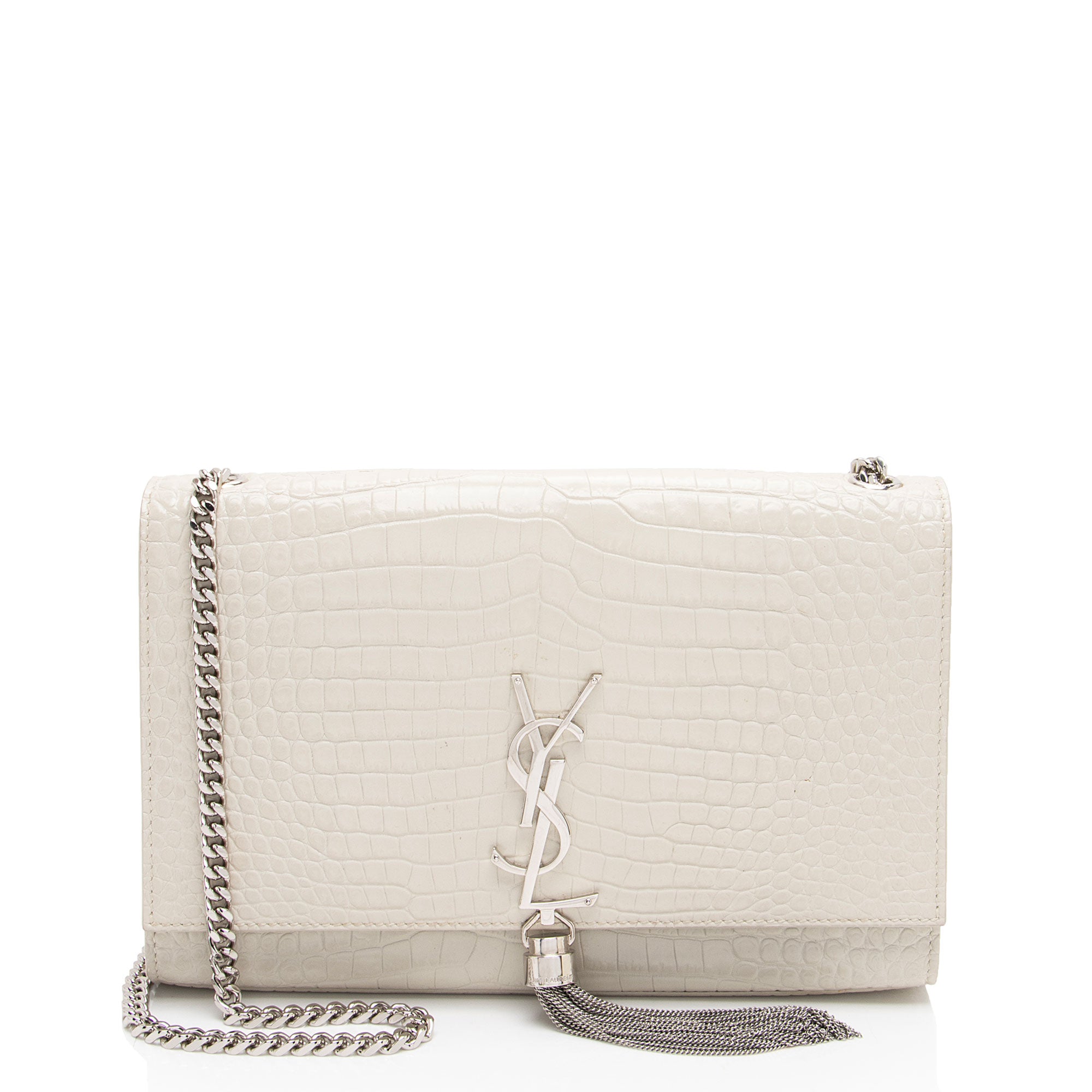 Saint Laurent Croc Embossed Leather Monogram Kate Tassel Medium Shoulder Bag (SHF-38szZN)