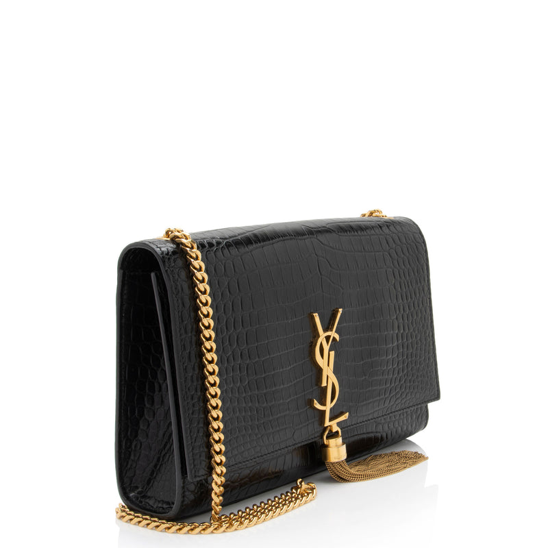 Saint Laurent Croc Embossed Leather Monogram Kate Tassel Medium Should LuxeDH