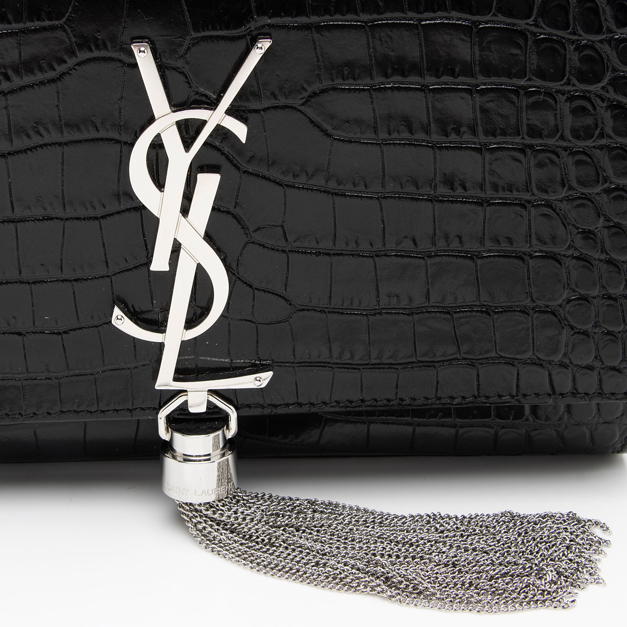 Saint Laurent Croc Embossed Leather Monogram Kate Tassel Small Shoulder Bag (SHF-BWswR2)