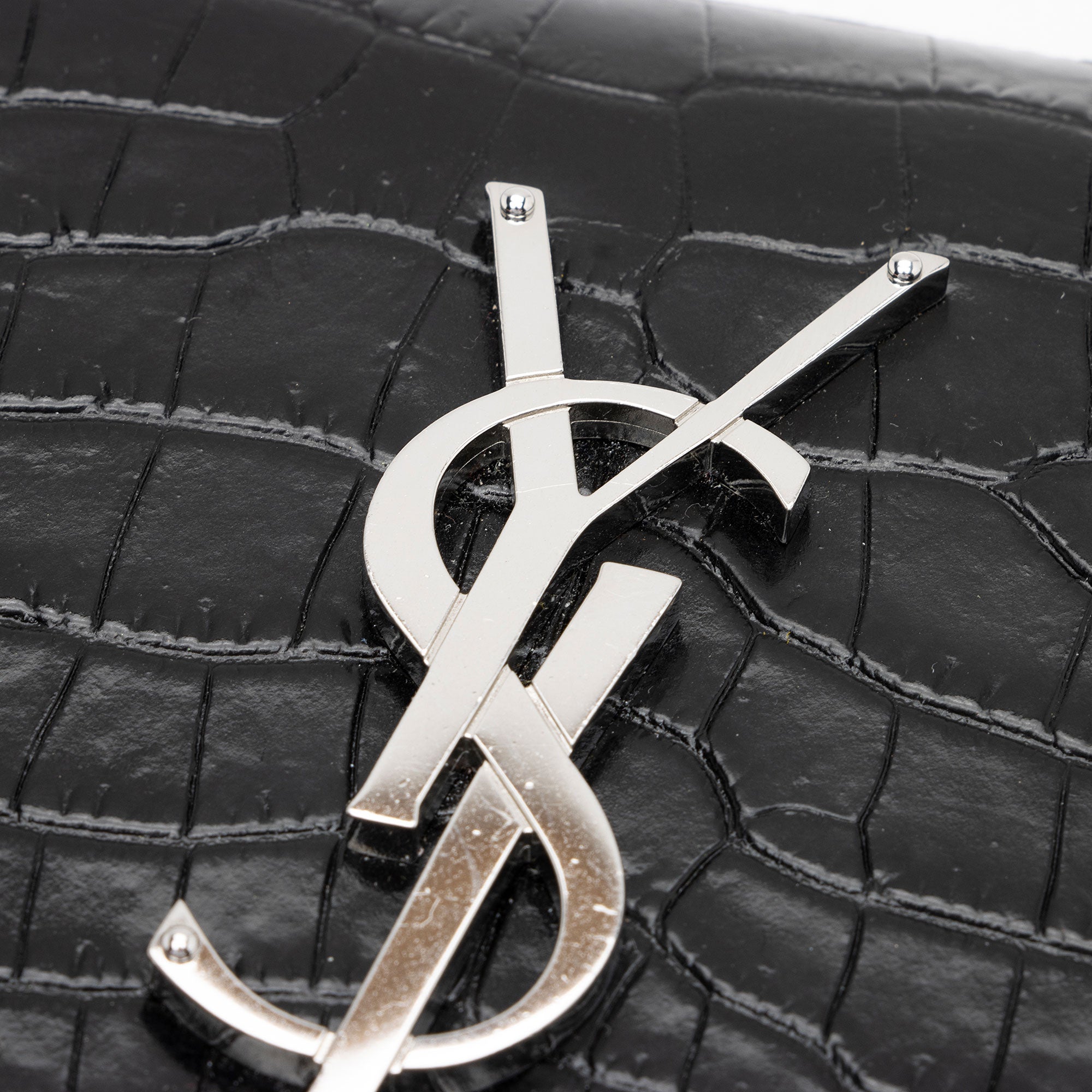 Saint Laurent Croc Embossed Leather Monogram Kate Tassel Small Shoulder Bag (SHF-BWswR2)
