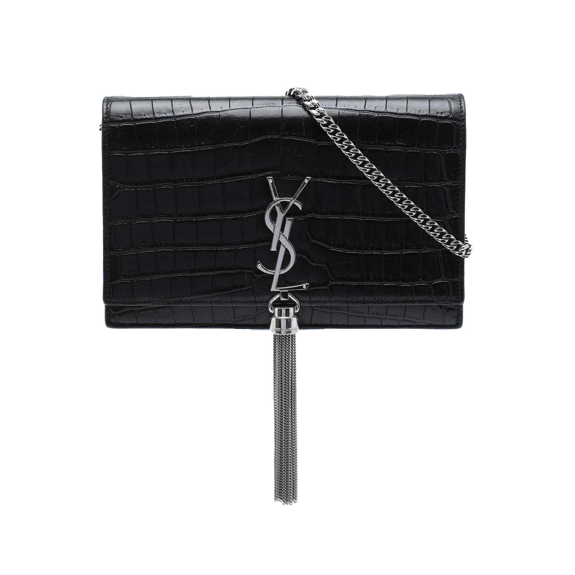Saint Laurent Croc Embossed Leather Monogram Kate Tassel Wallet on Chain