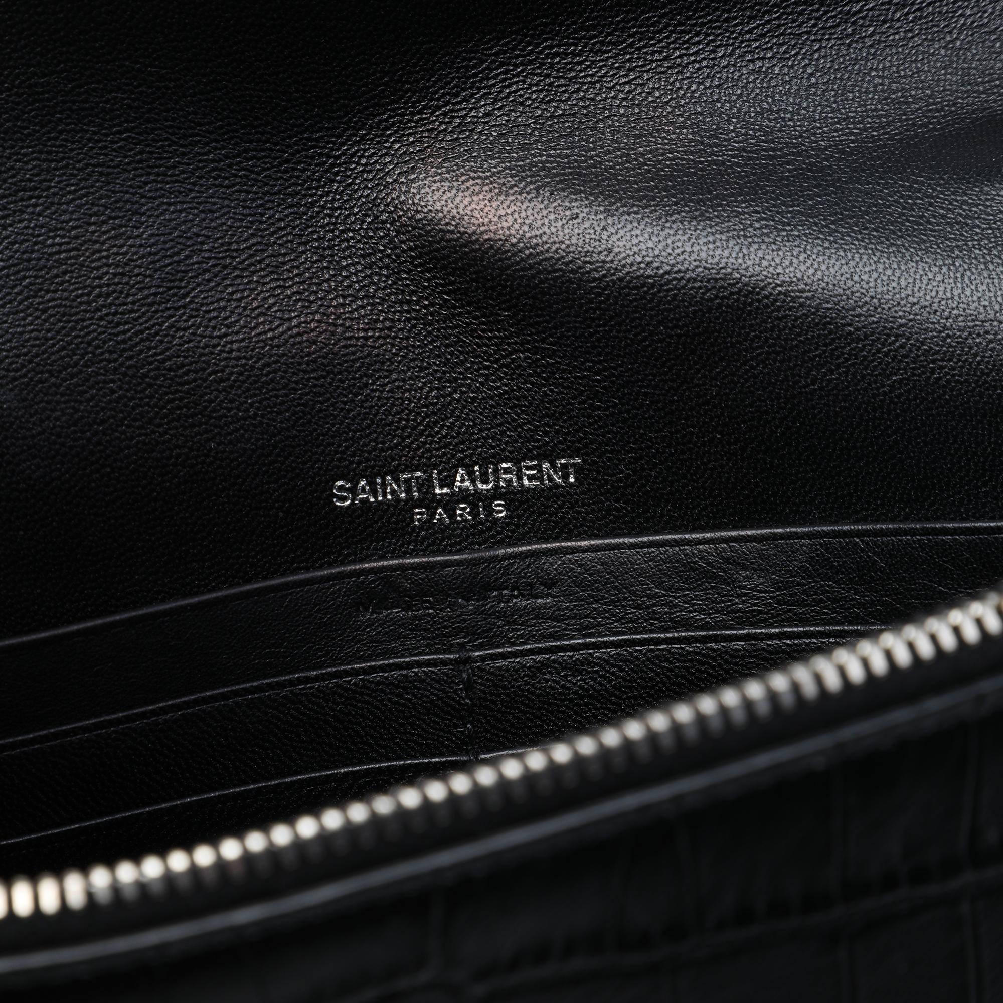 Saint Laurent Croc Embossed Leather Monogram Kate Tassel Wallet on Chain