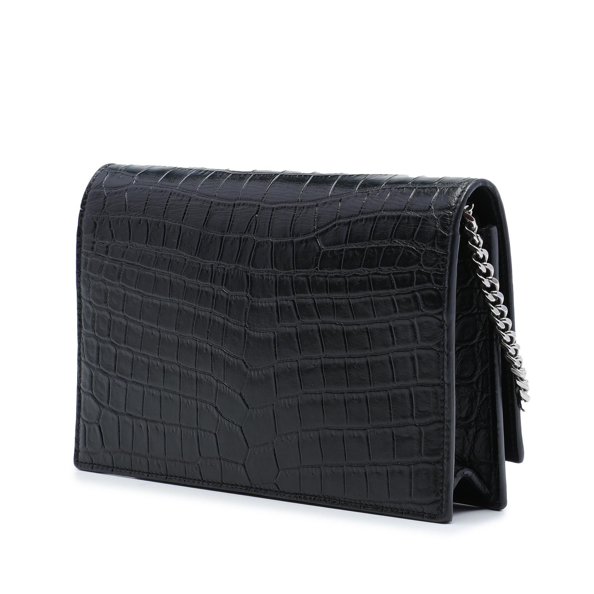 Saint Laurent Croc Embossed Leather Monogram Kate Tassel Wallet on Chain