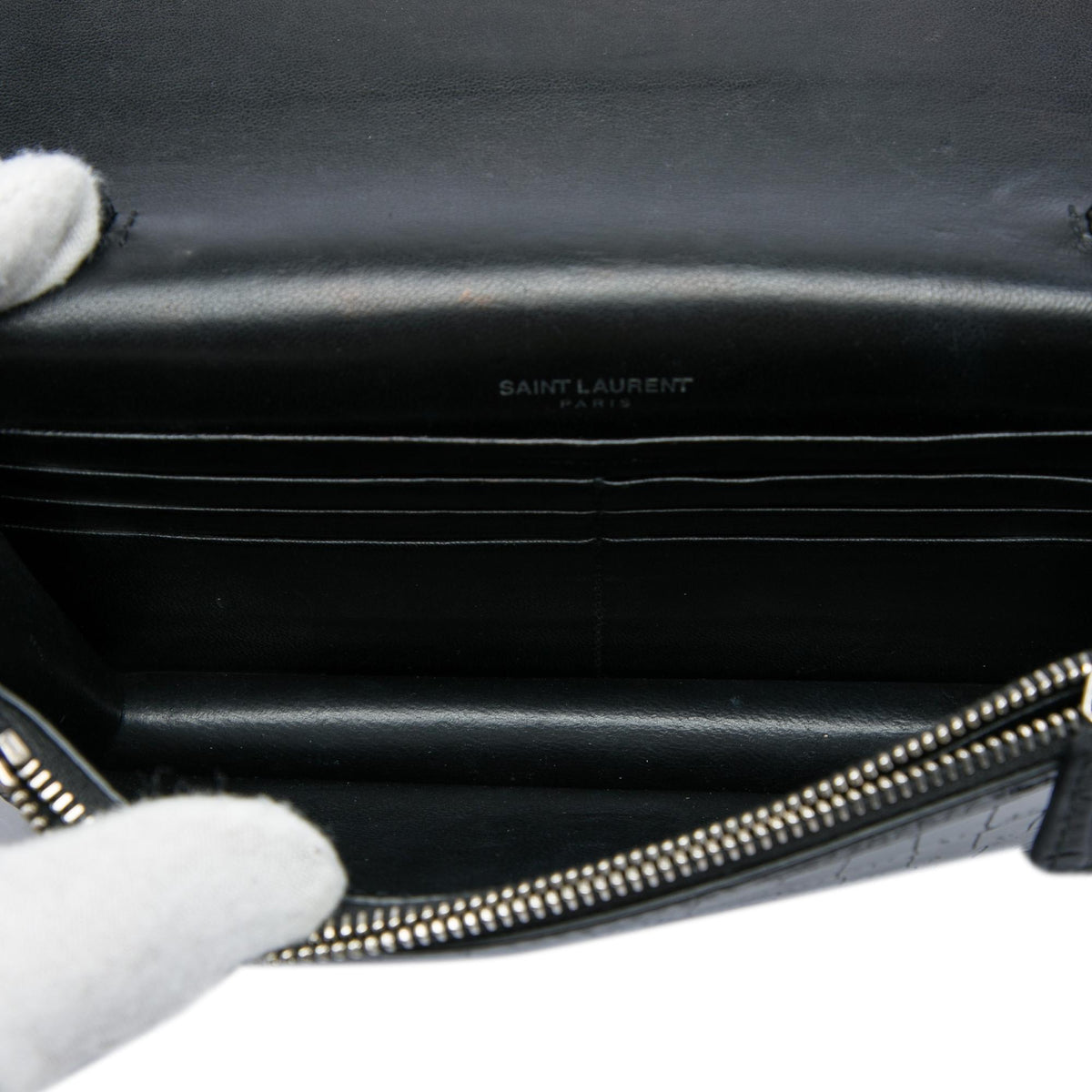 Saint Laurent Croc Embossed Leather Monogram Kate Tassel Wallet on Chain