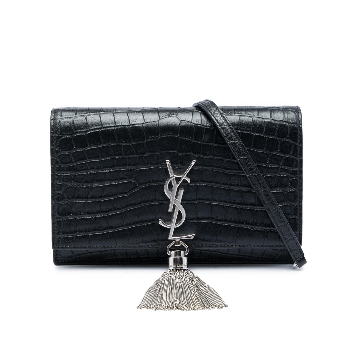 Saint Laurent Croc Embossed Leather Monogram Kate Tassel Wallet on Chain