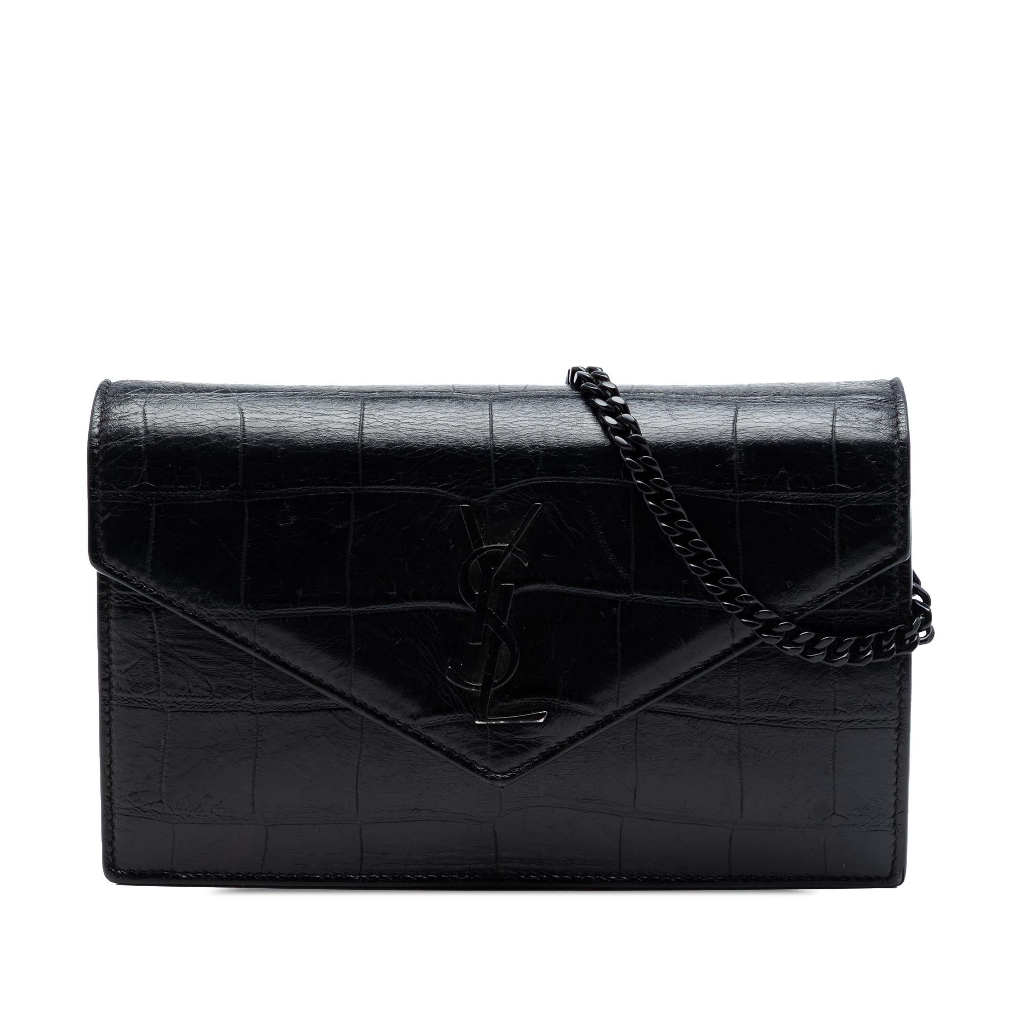 Saint Laurent Croc Embossed Leather Monogram Monochrome Envelope Chain Wallet