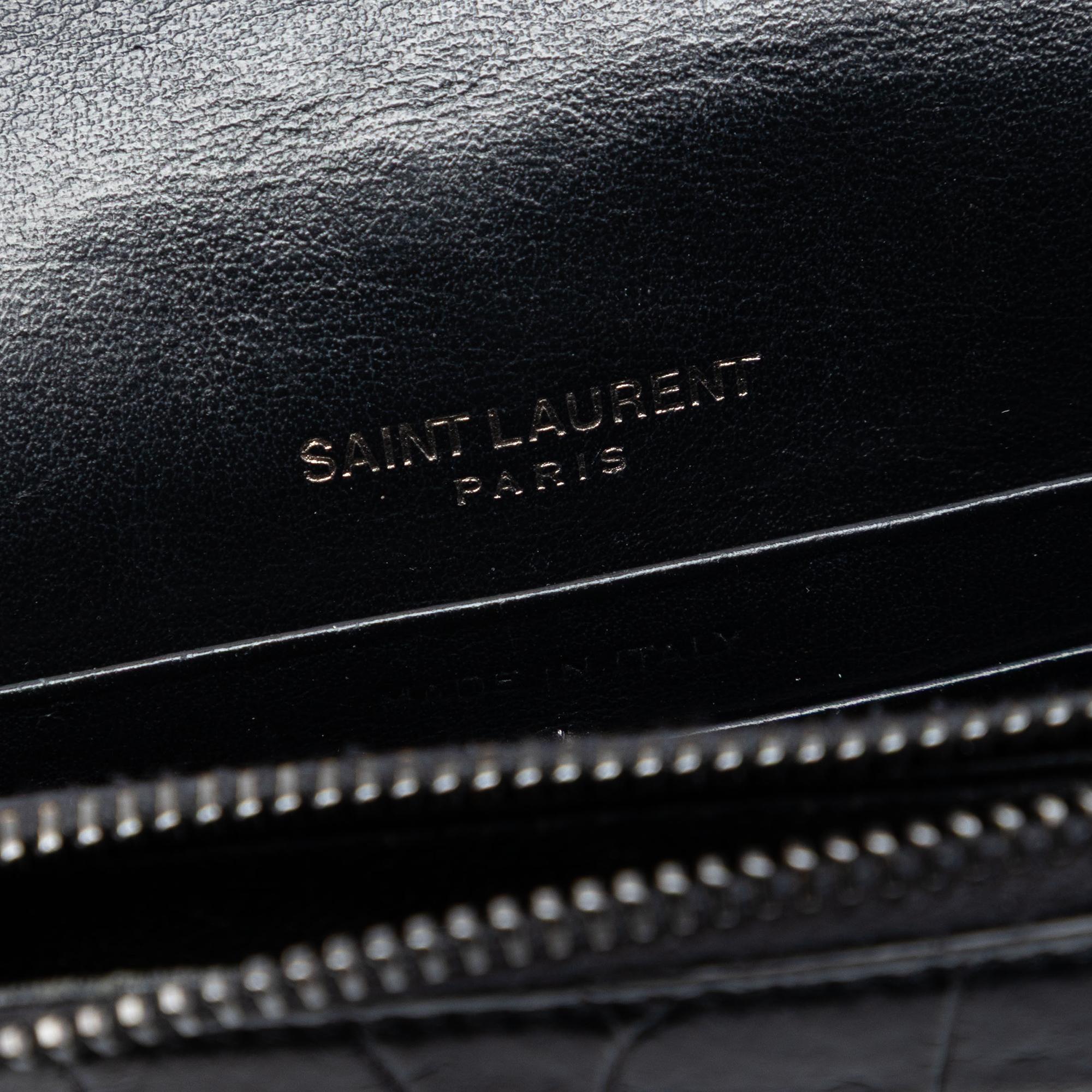 Saint Laurent Croc Embossed Leather Monogram Monochrome Envelope Chain Wallet