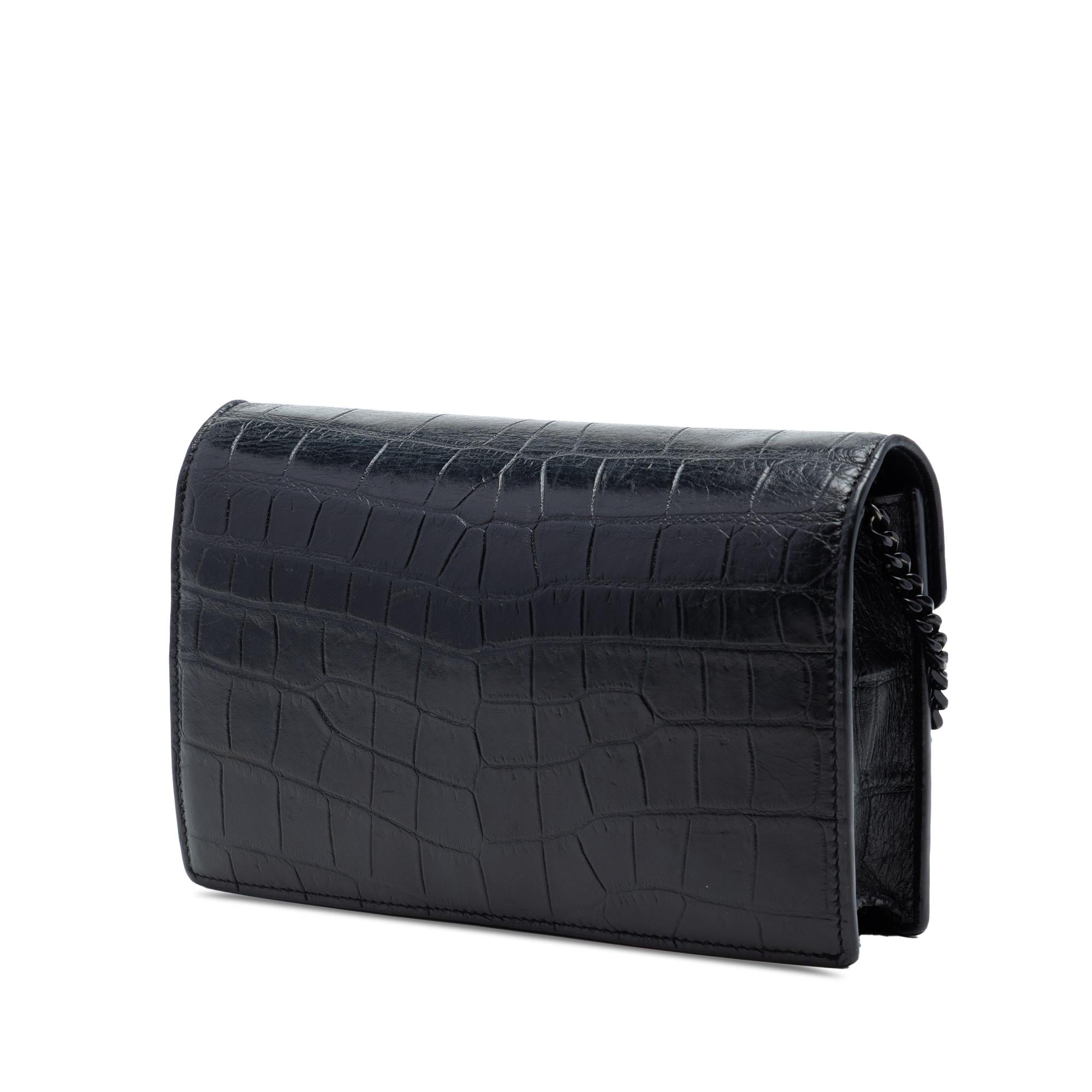 Saint Laurent Croc Embossed Leather Monogram Monochrome Envelope Chain Wallet