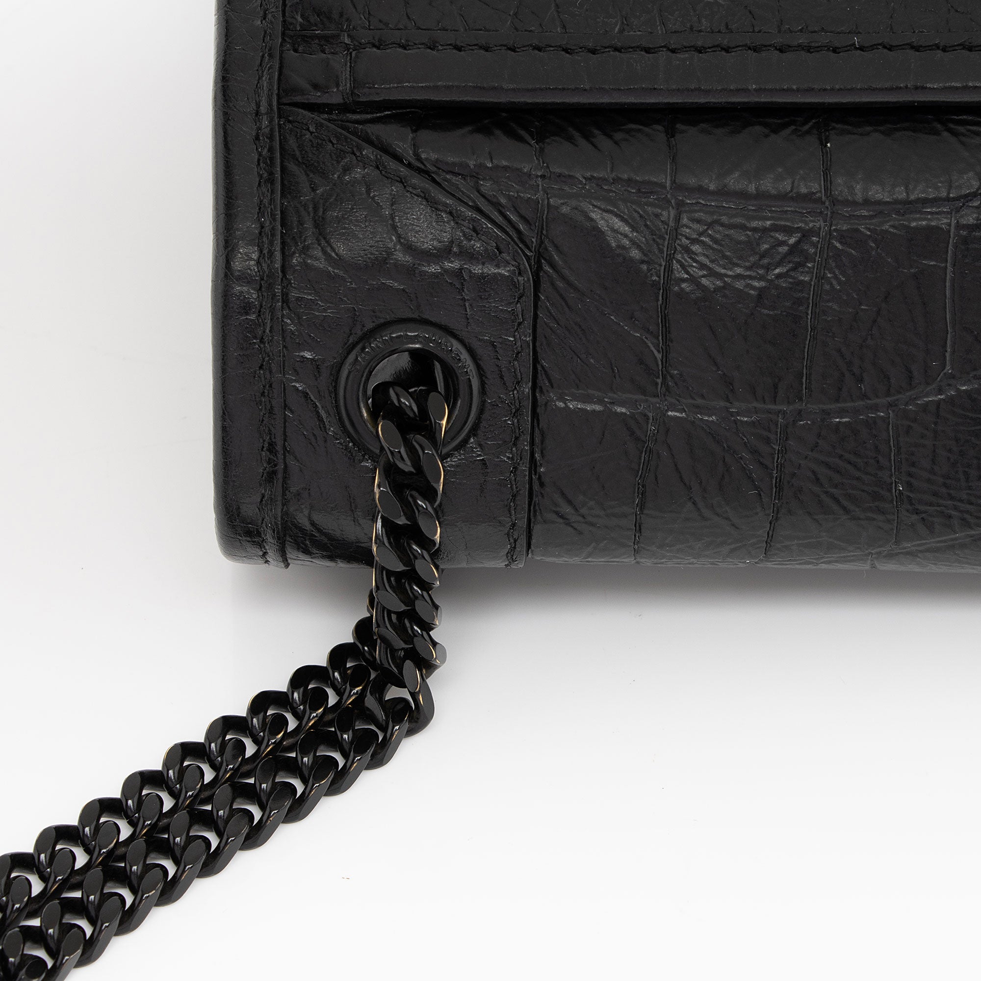 Saint Laurent Croc Embossed Leather Monogram Niki Baby Shoulder Bag (SHF-NVfs5q)