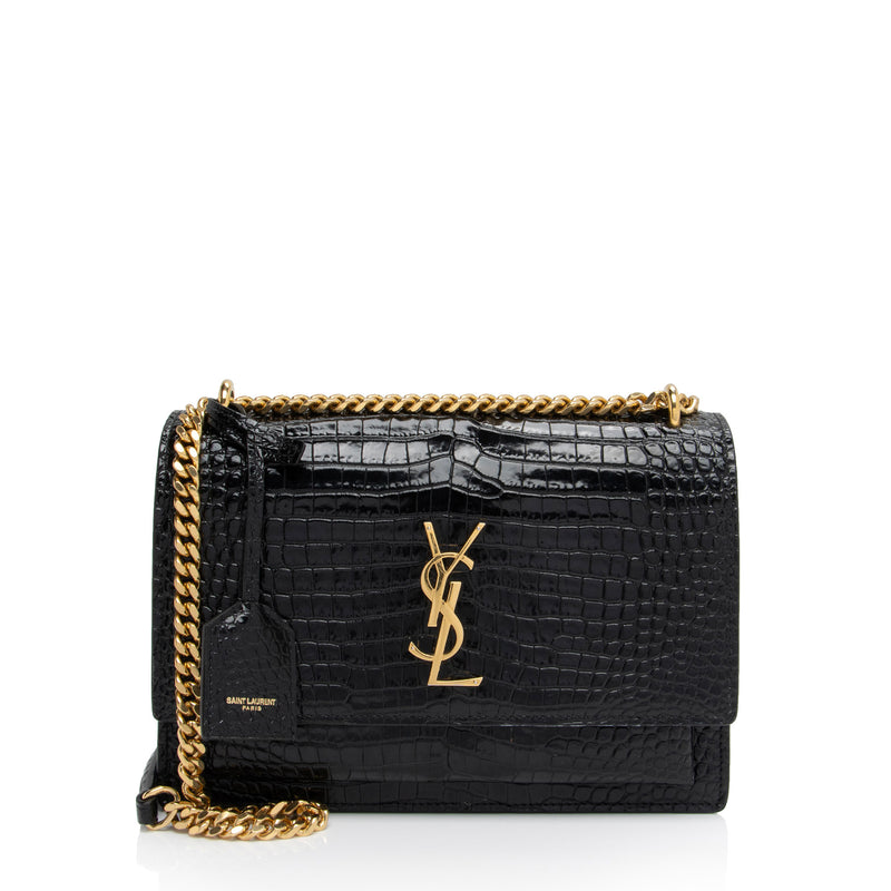 Saint Laurent Croc Embossed Leather Monogram Sunset Medium Shoulder Bag (SHF-otiVDf)