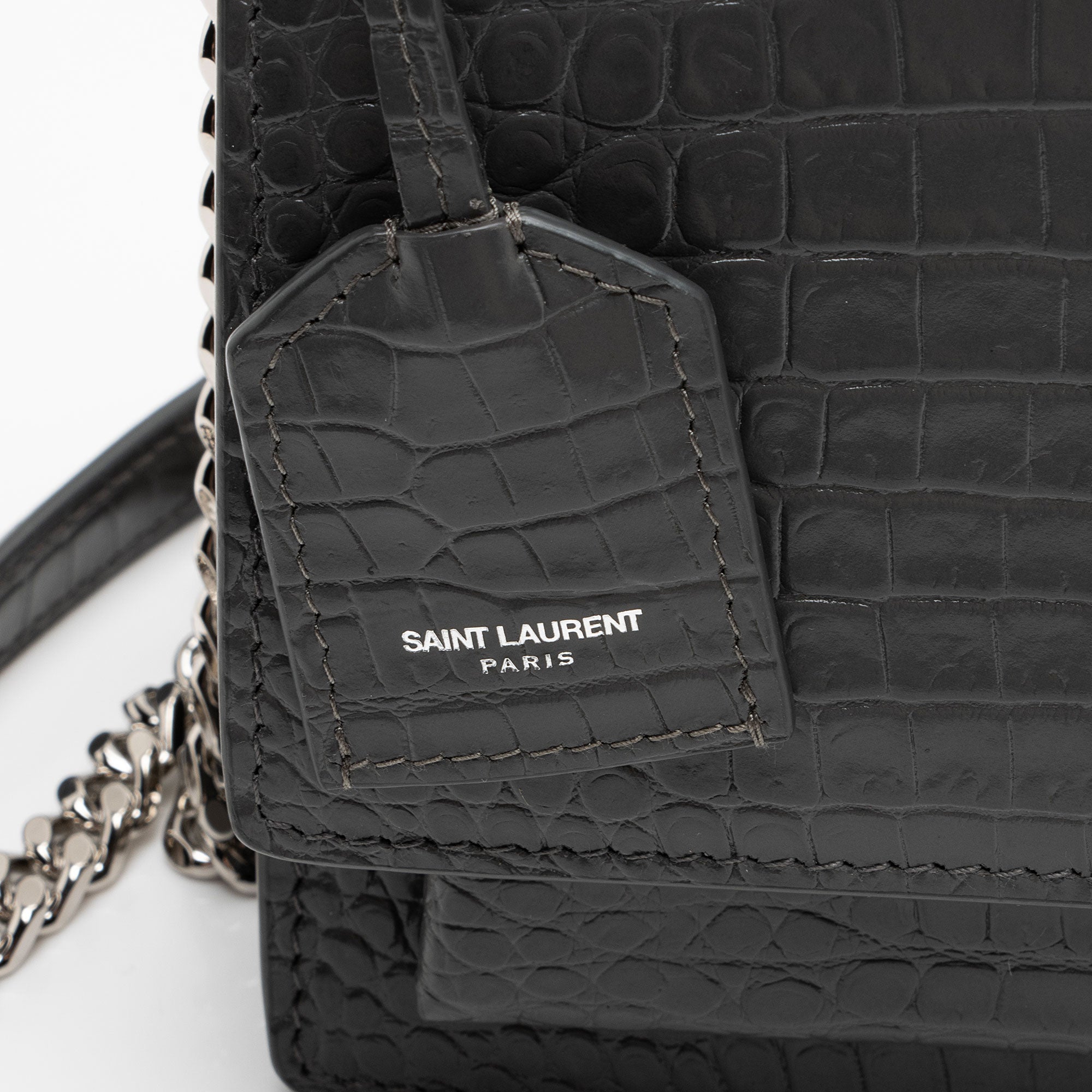 Saint Laurent Croc Embossed Leather Monogram Sunset Medium Shoulder Bag (SHF-dhitYI)