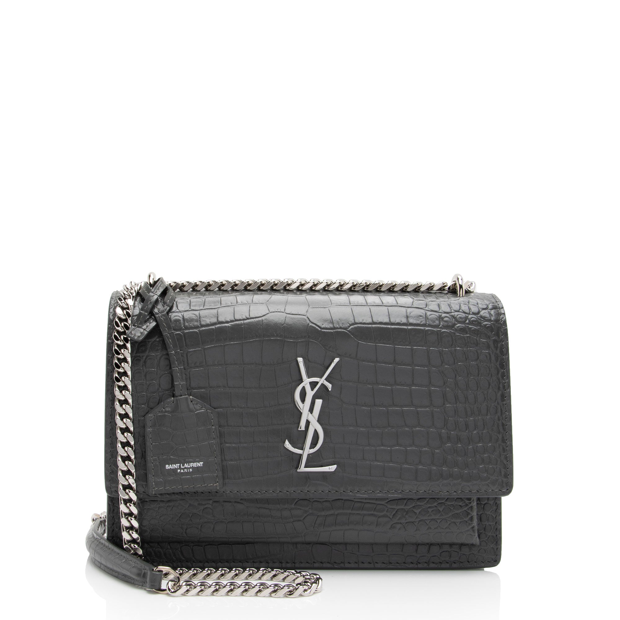 Saint Laurent Croc Embossed Leather Monogram Sunset Medium Shoulder Bag (SHF-dhitYI)