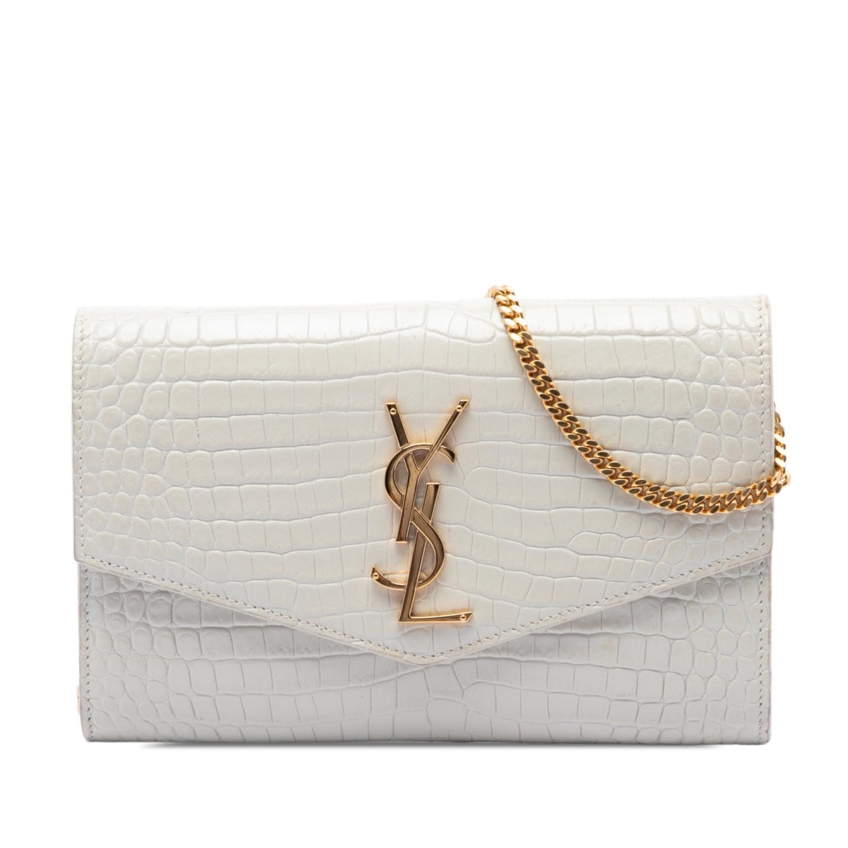 Saint Laurent Croc Embossed Leather Uptown Chain Wallet