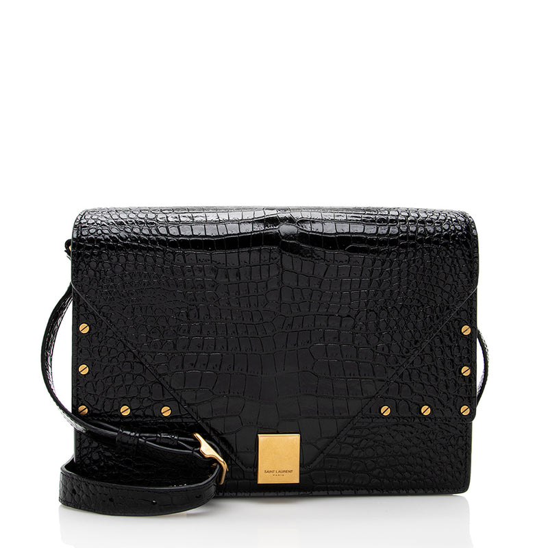 Saint Laurent Croc Embossed Leather Margaux Shoulder Bag SHF