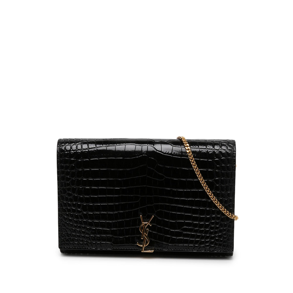 Saint Laurent Croc Embossed Patent Cassandre Wallet On Chain