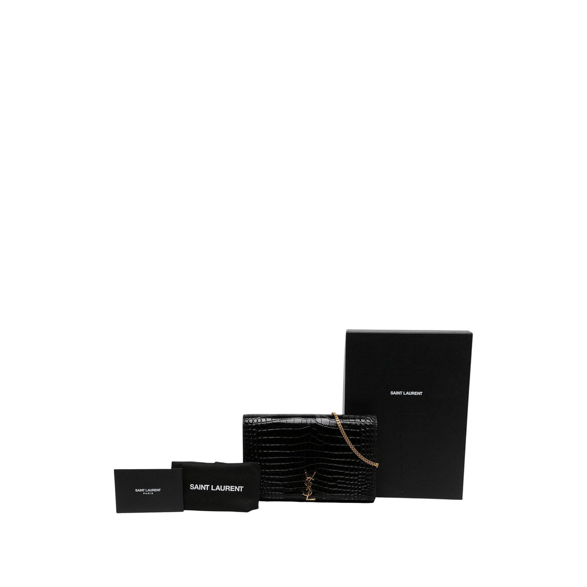 Saint Laurent Croc Embossed Patent Cassandre Wallet On Chain