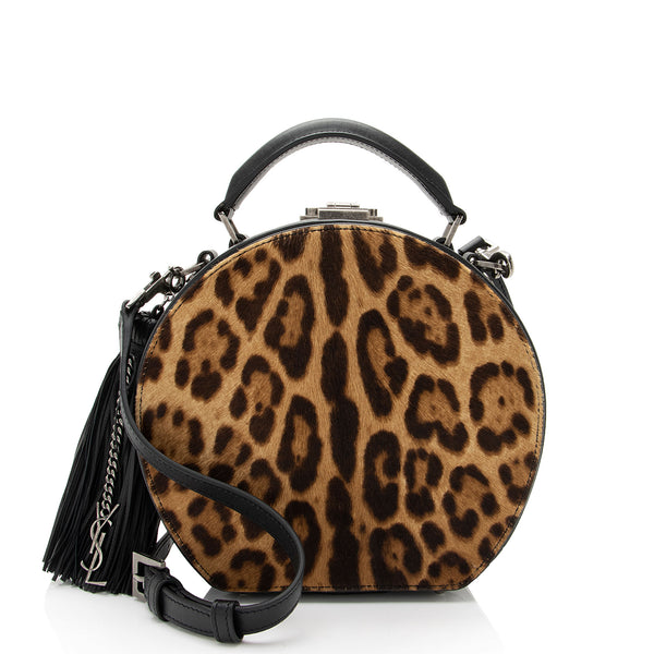 Saint Laurent Leather Ponyhair Leopard Print Mica Hatbox Small Crossbody Bag (SHF-LTfquL)