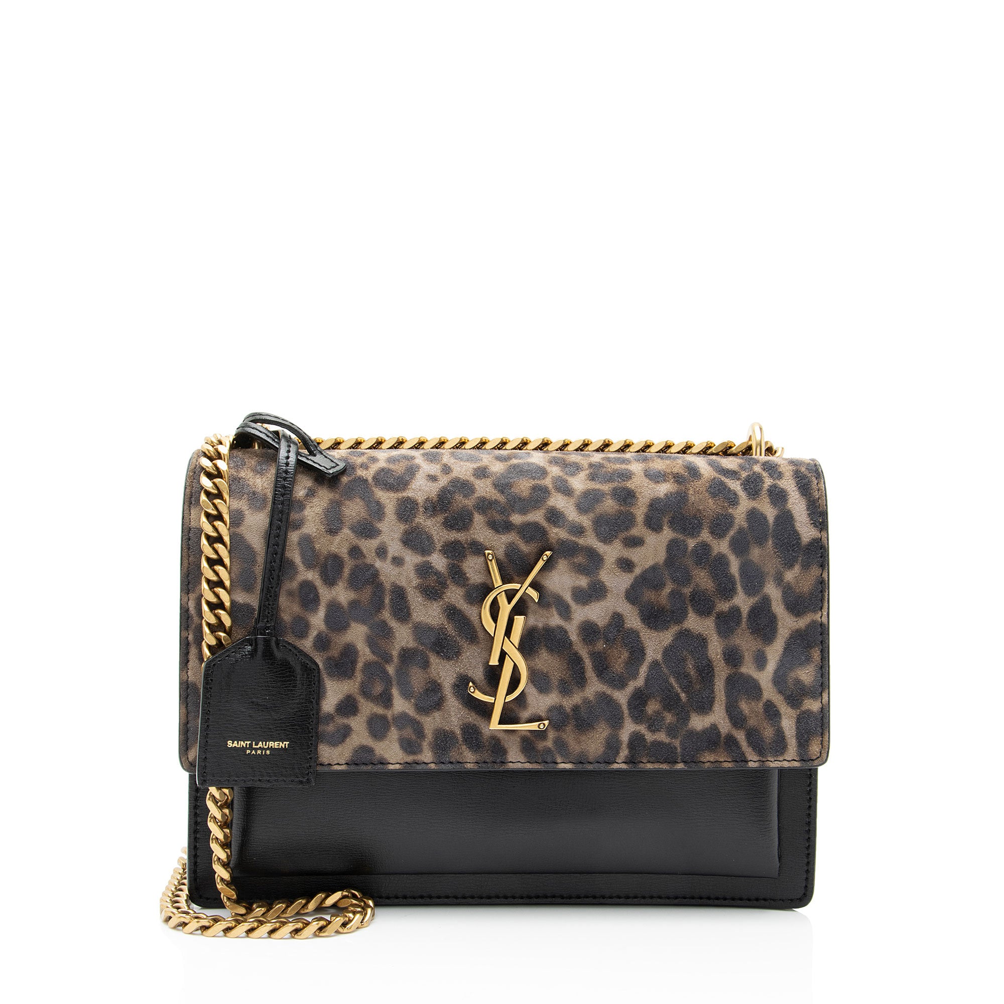 Saint Laurent Leopard Printed Suede Monogram Sunset Medium Shoulder Bag