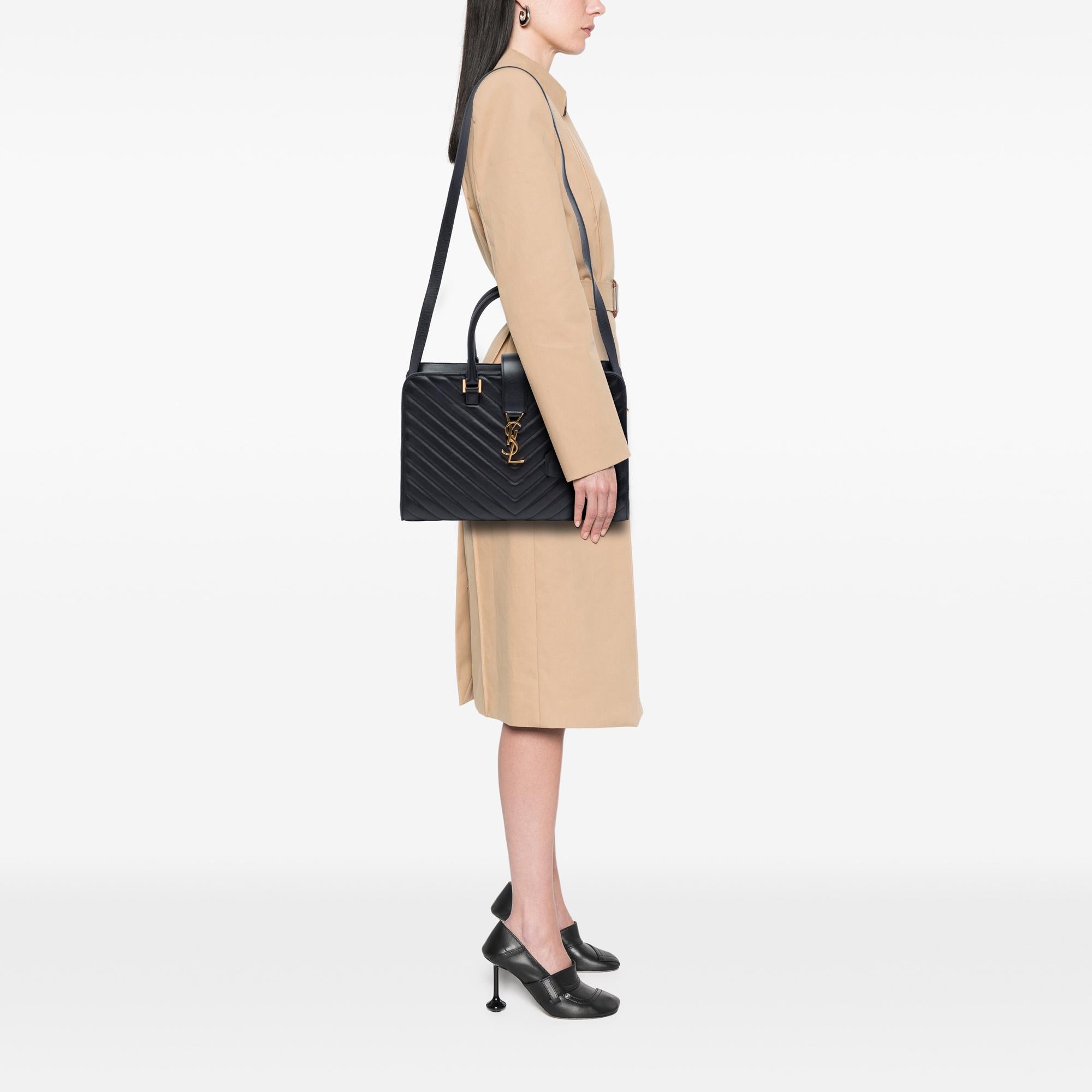 Saint Laurent Medium Chevron Calfskin Monogram Cabas Satchel
